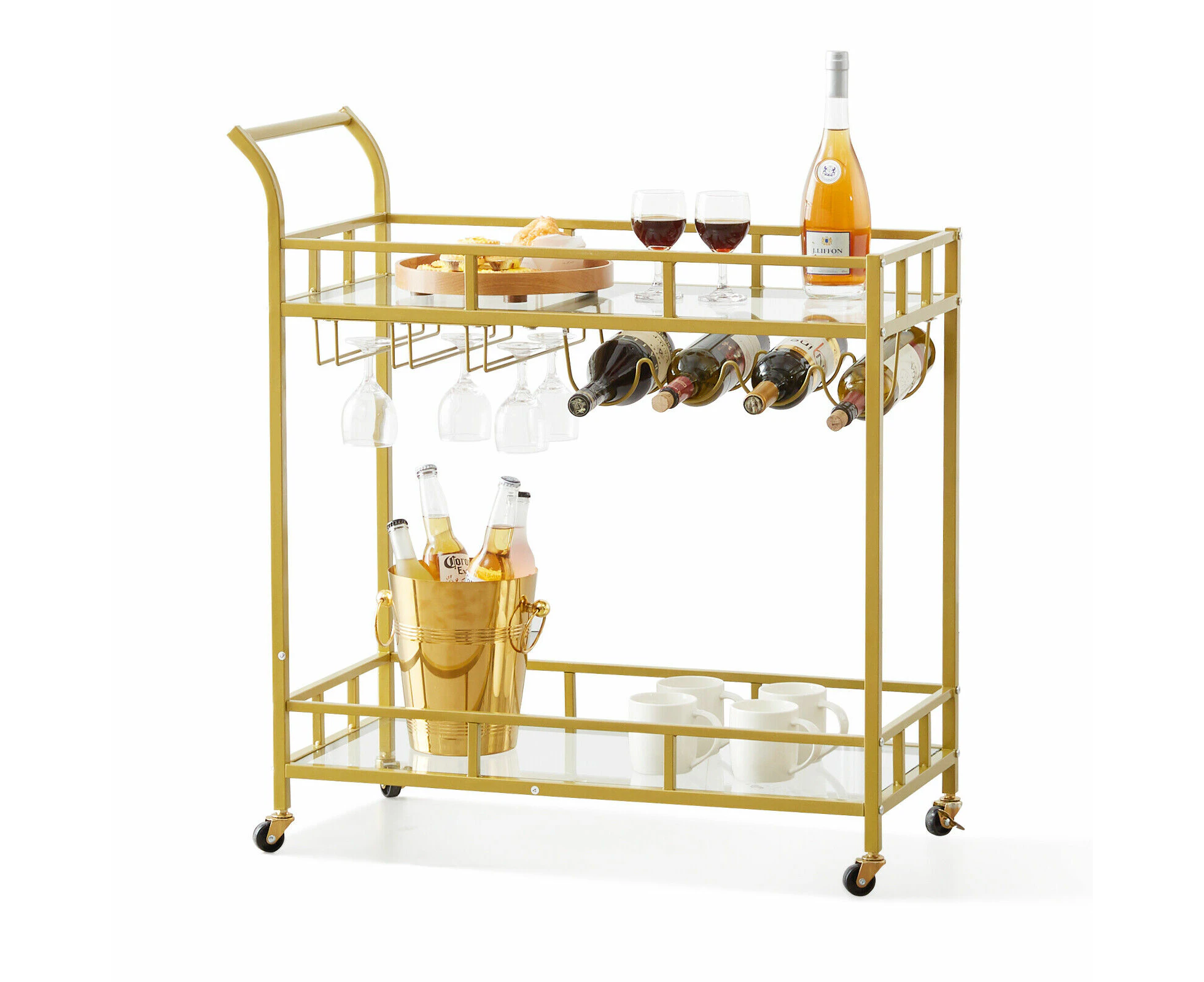 2 Tiers Gold Metal Bar Serving Cart with Wine Rack Glass Holder 120 LBS