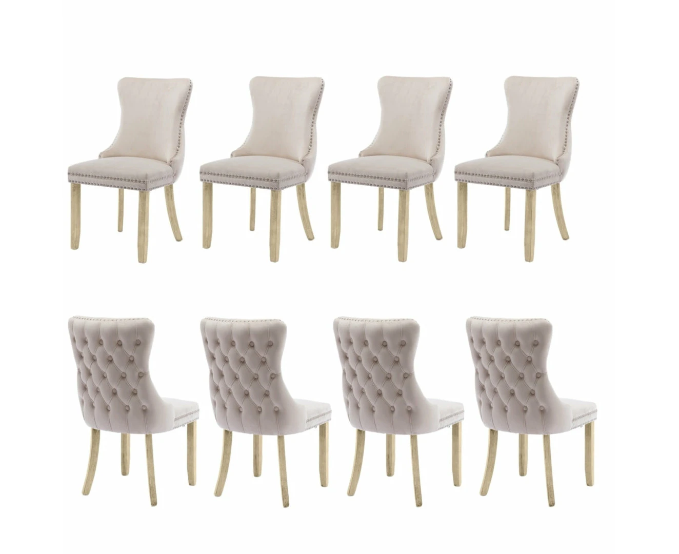 8x Velvet Upholstered Dining Chairs Tufted Wingback Side Chair with Studs Trim Solid Wood Legs for Kitchen