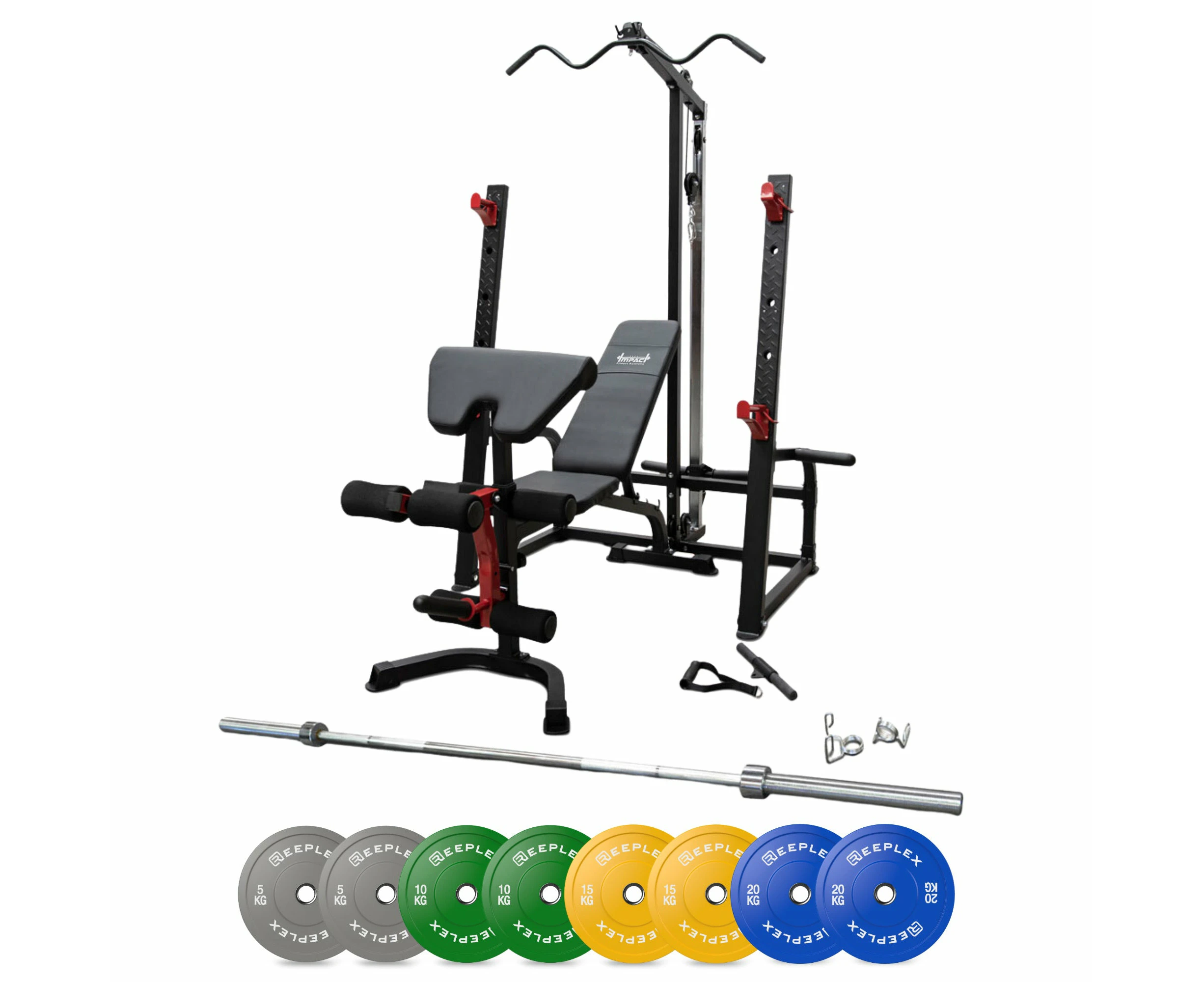 Impact Fitness Squat Rack Lat Pulldown + Adjustable Bench + 120kg Olympic Pro Coloured Bumper Weight Set