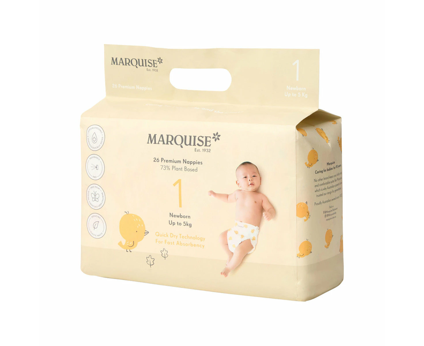 Marquise Premium Nappies (73% Plant Based) Newborn Size 1 (Up to 5kg) x 26 Pack