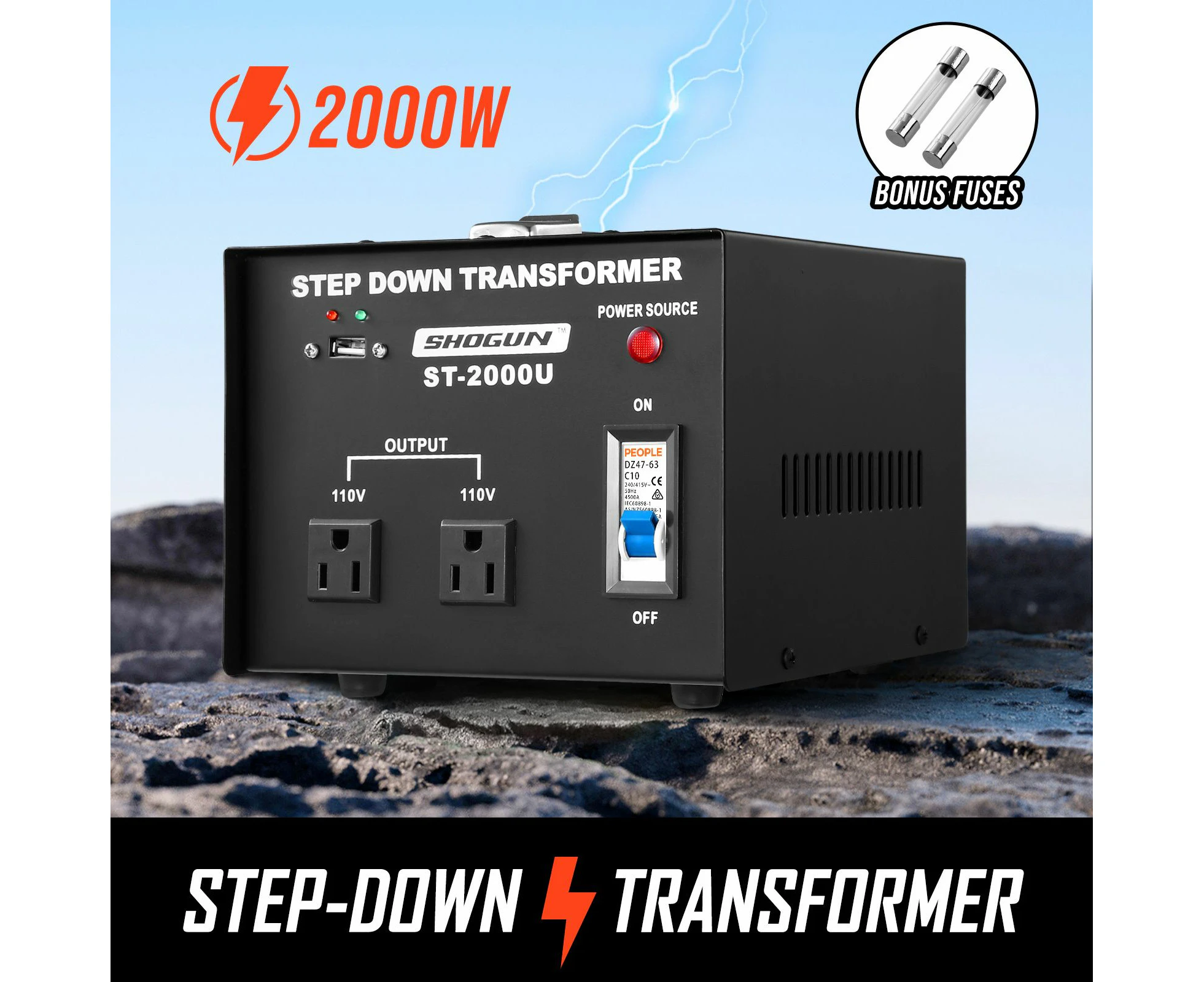 240V-110V Step Down Transformer 2000W Stepdown Electric Voltage Converter AU to US with 2 AC Output Sockets 5V USB Port