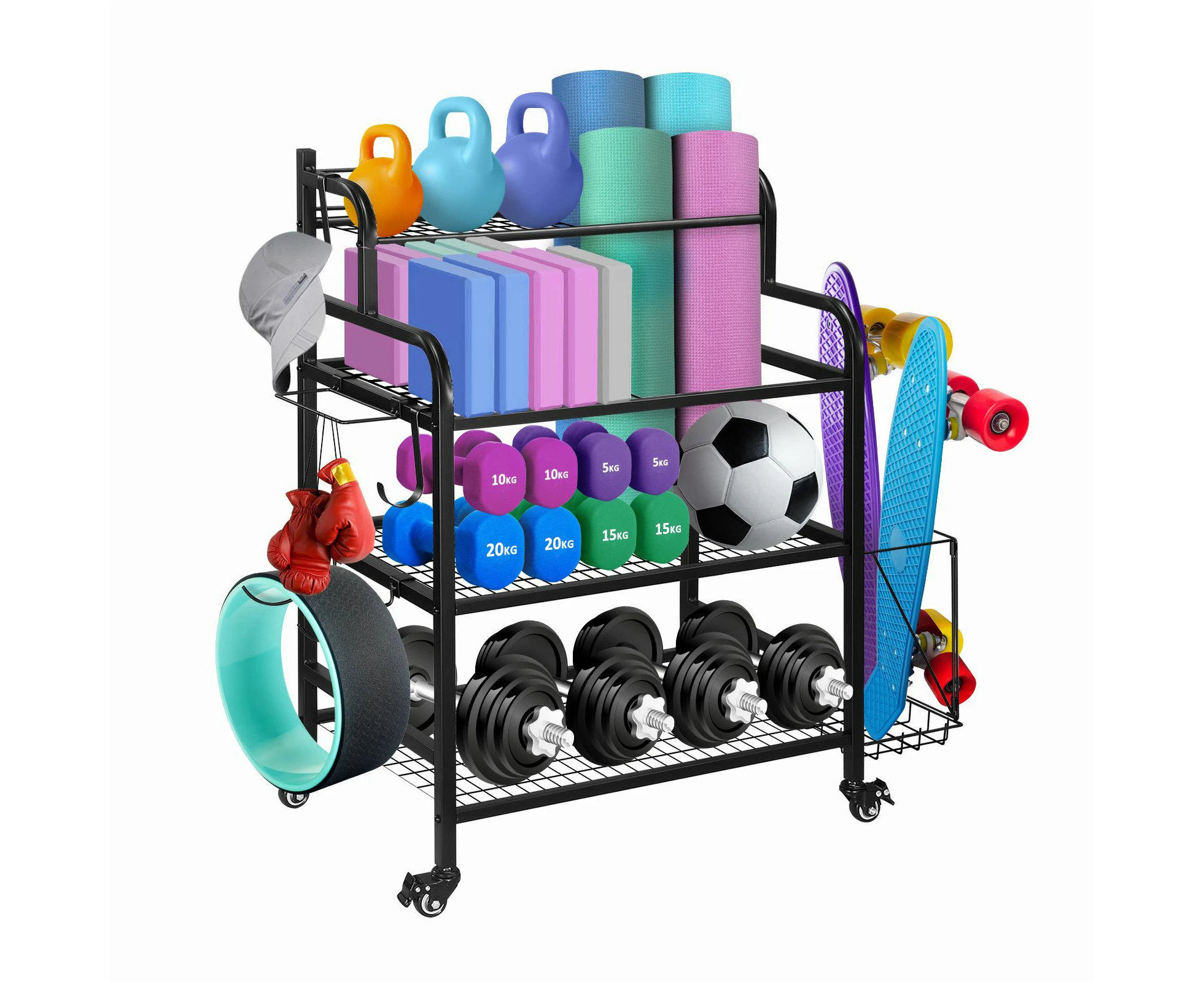 Dumbbell Weight Rack Yoga Mat Ball Storage Kettlebell Shelves Home Gym Sports Gear Garage Equipment Organiser with Wheels