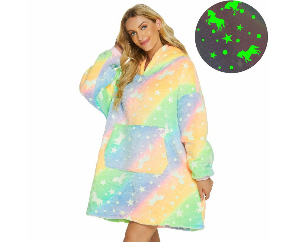 Rainbow Unicorn Glow in The Dark Oversized Sweatshirt with Pockets Cute Unique Birthday Gift Women Warm Cozy Wearable Blanket