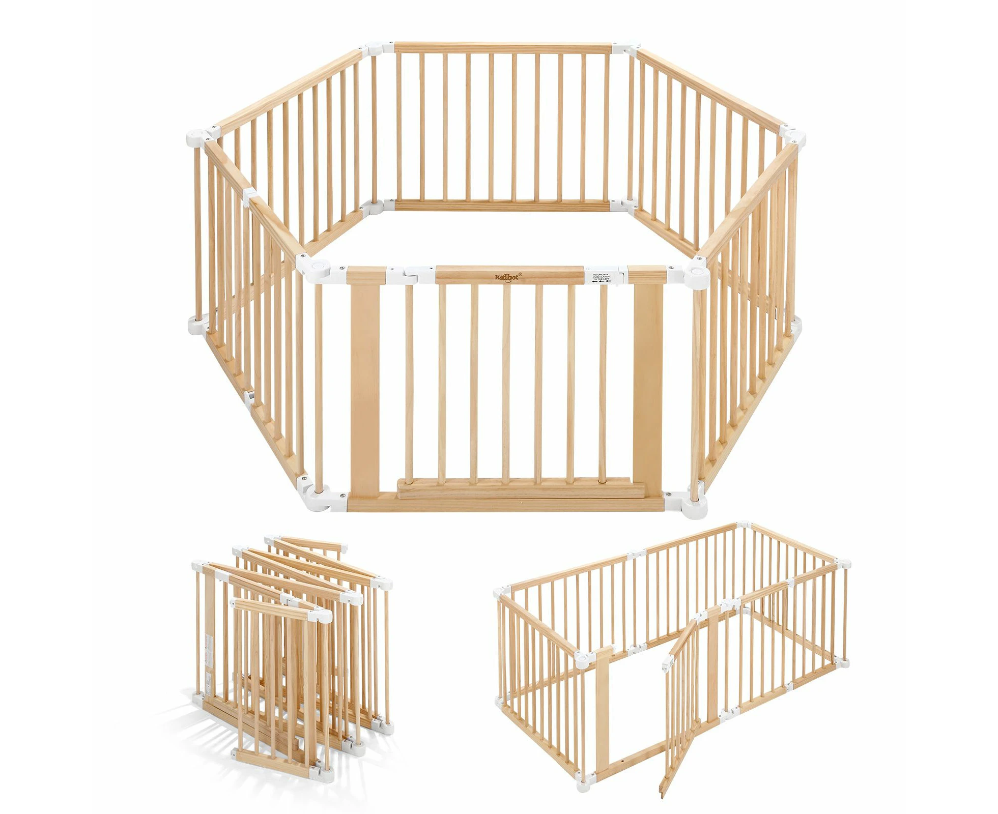 Kidbot Baby Playpen 6 Panel Kids Wooden Safety Gate Pet Dog Fence Activity Centre Play Pen Yard Foldable Travel Guard