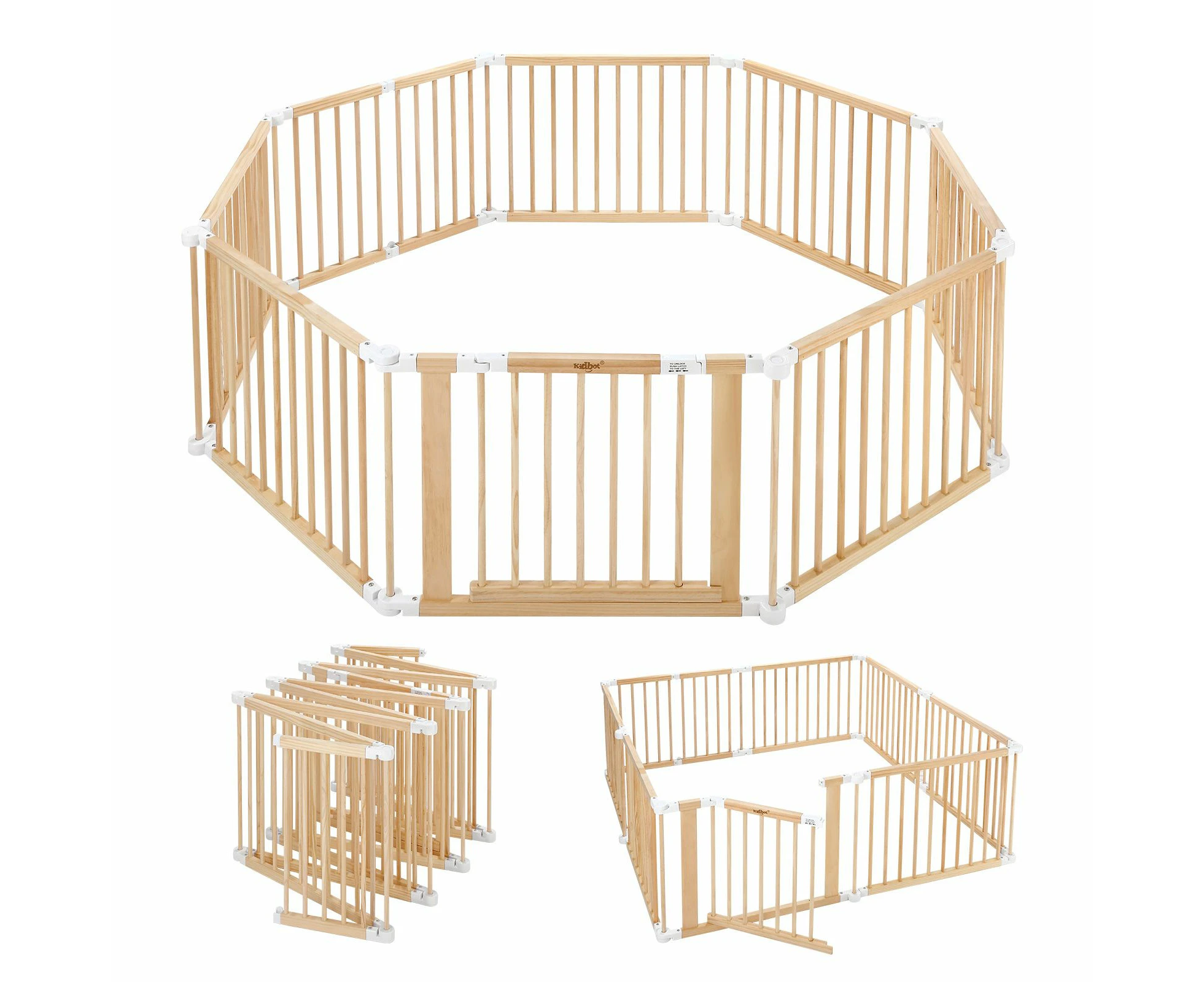 Kidbot Baby Playpen Gate 8 Panel Kids Pet Dog Wooden Safety Fence Activity Centre Play Yard Pen Foldable Travel Guard