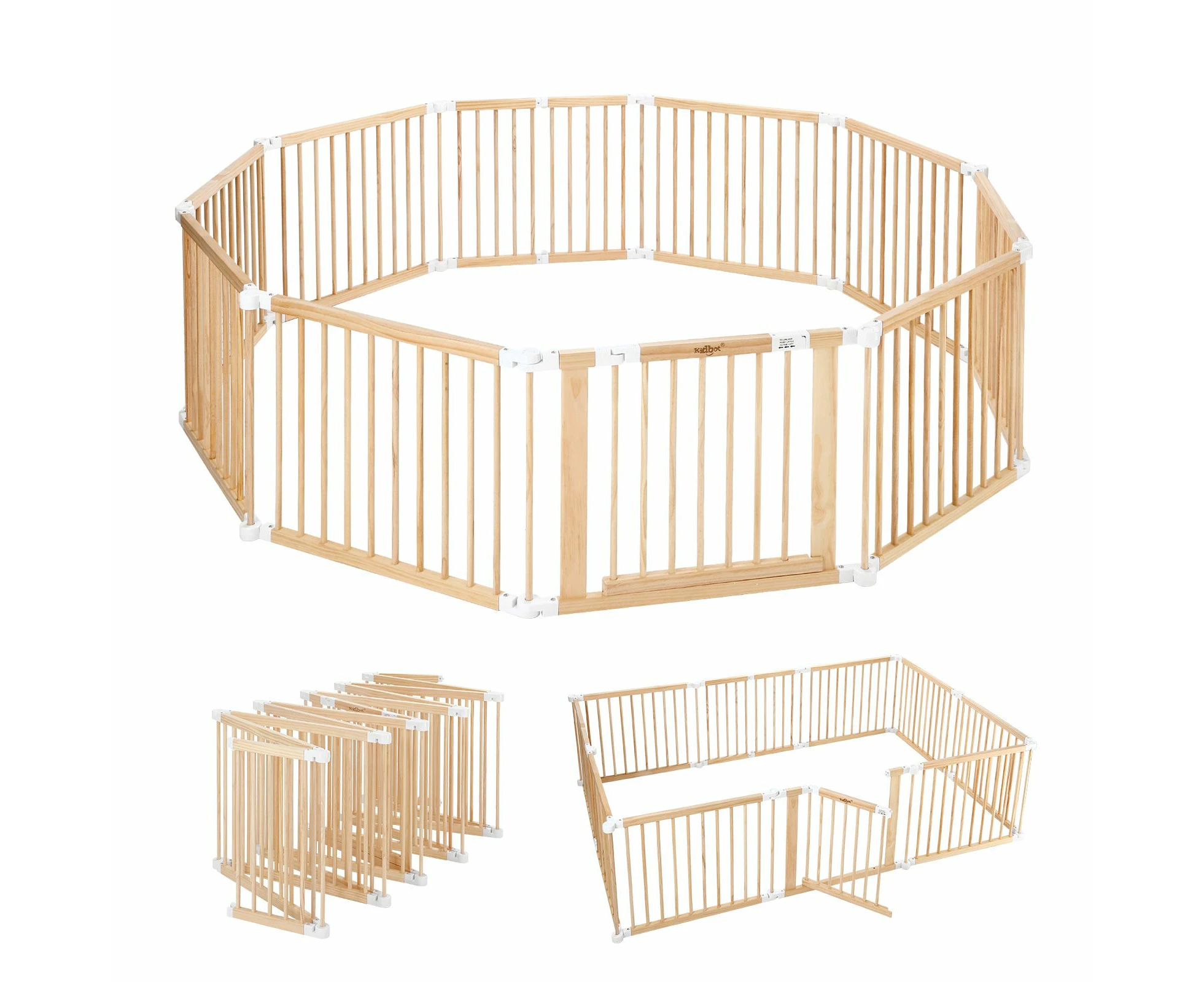 Kidbot Baby Playpen 10 Panel Wooden Safety Gate Kids Pet Dog Activity Centre Fence Play Yard Pen Travel Foldable Guard