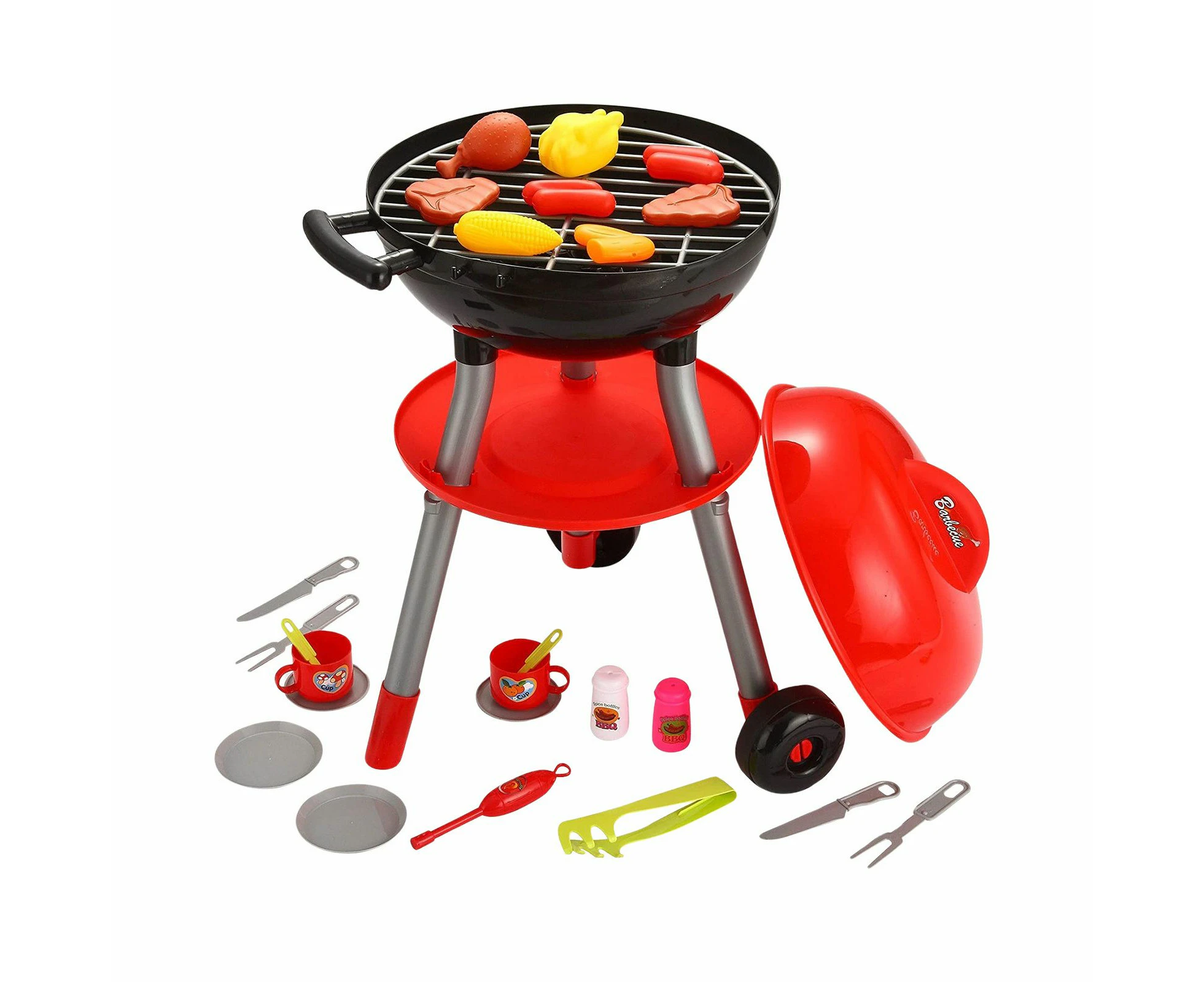 Kids Kitchen BBQ Grill Barbeque Playset Pretend Play Set with Cooking Food Utensils Sound Lighting Charcoal 46x40x60cm