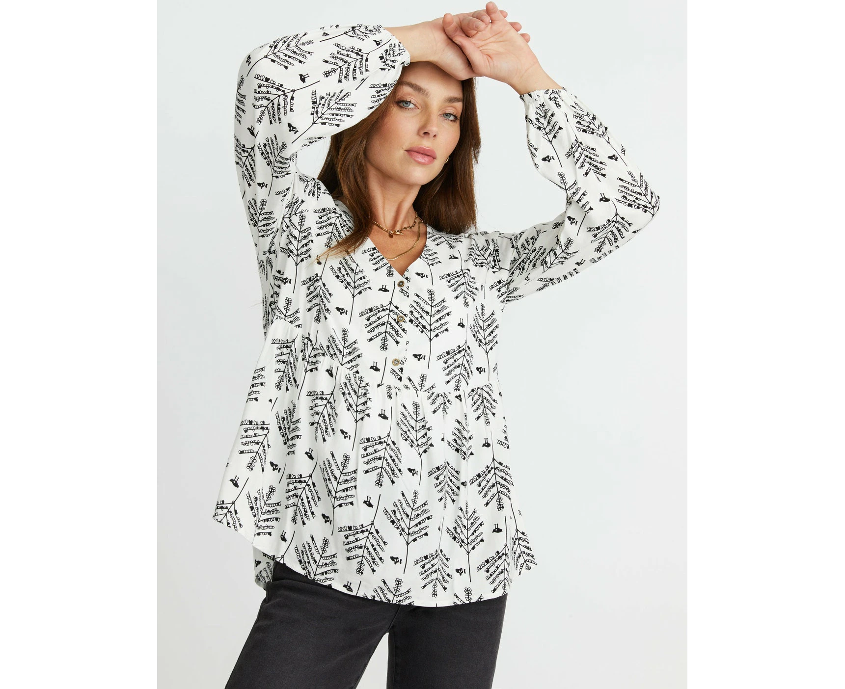 Rockmans - Womens - Tops - Winter - Blouse / Shirt - White - Long Sleeve - V Neck - Abstract Mono - Length : Long - Relaxed Fit - Casual Work Clothes