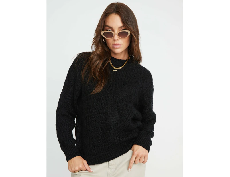 ROCKMANS - Womens Jumper -  Fluffy Fancy Cable Crew Neck Jumper - Black