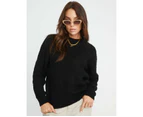 ROCKMANS - Womens Jumper -  Fluffy Fancy Cable Crew Neck Jumper - Black