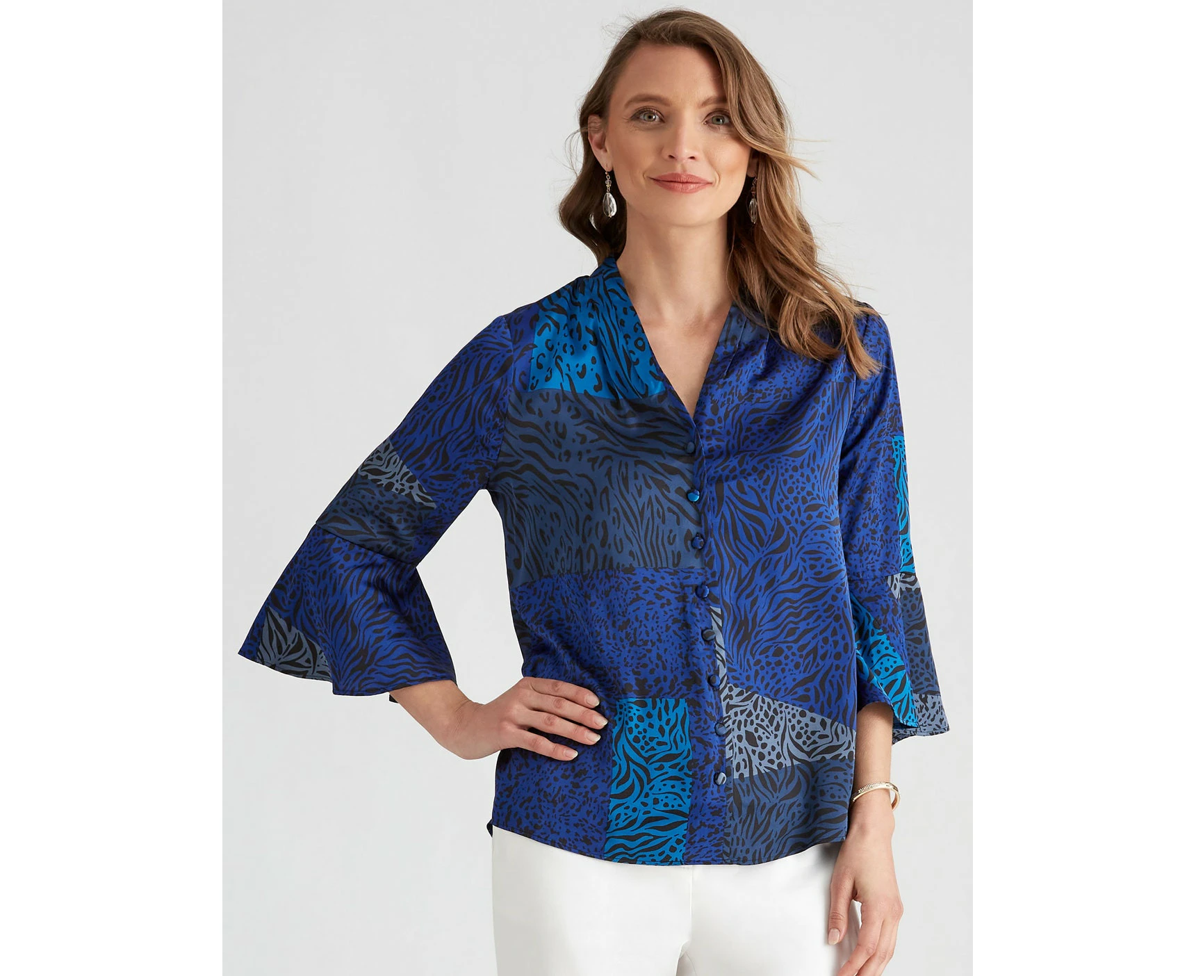 Liz Jordan - Womens - Tops - Summer - Blouse / Shirt - Blue - 3/4 Sleeve - V Neck - Animal Mosaic - Length Regular - Relaxed Fit - Stretch Elastane