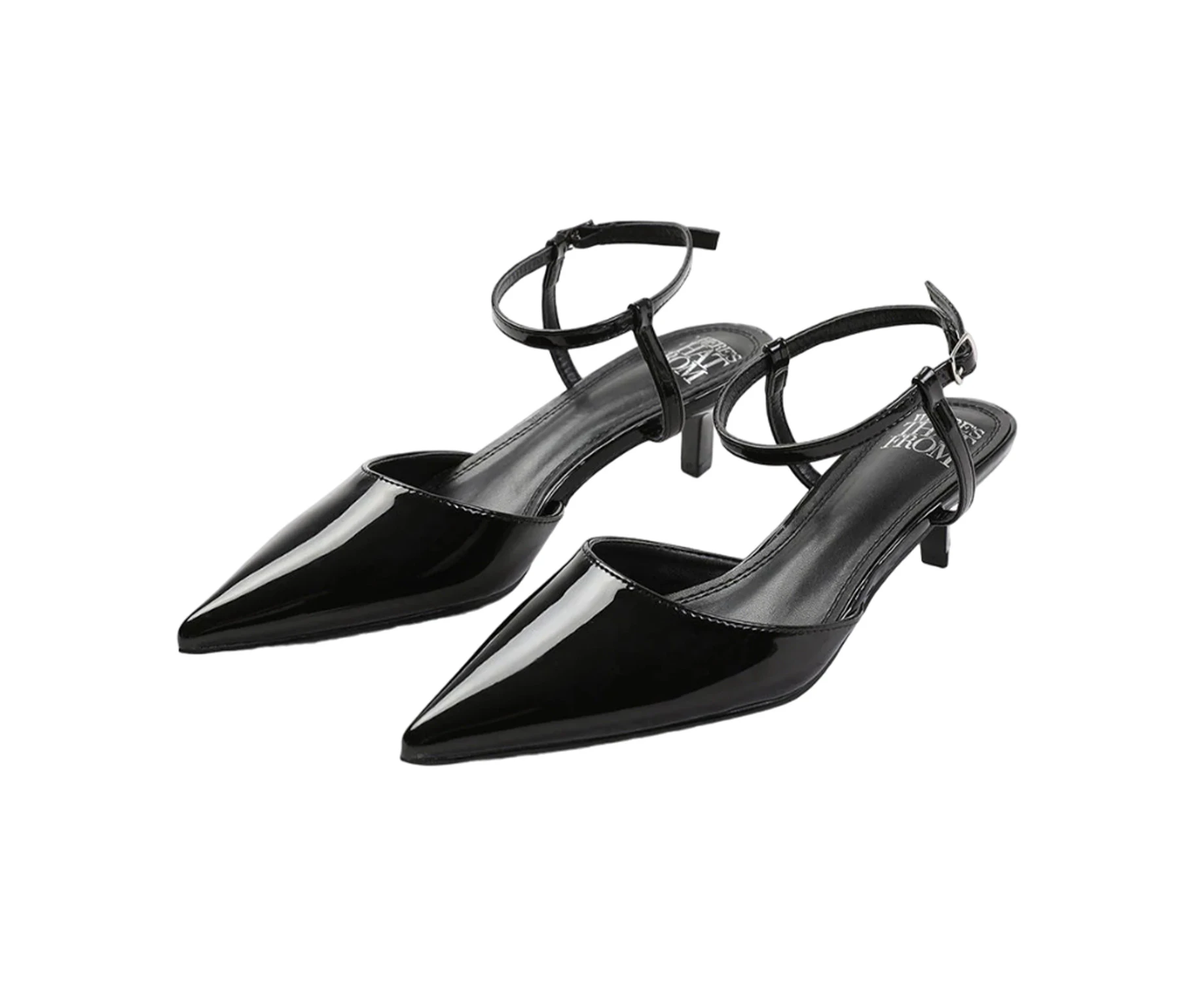 Where's That From Womens Malta Patent Leather Pointed Kitten Heel Sandals (Black) - WM483