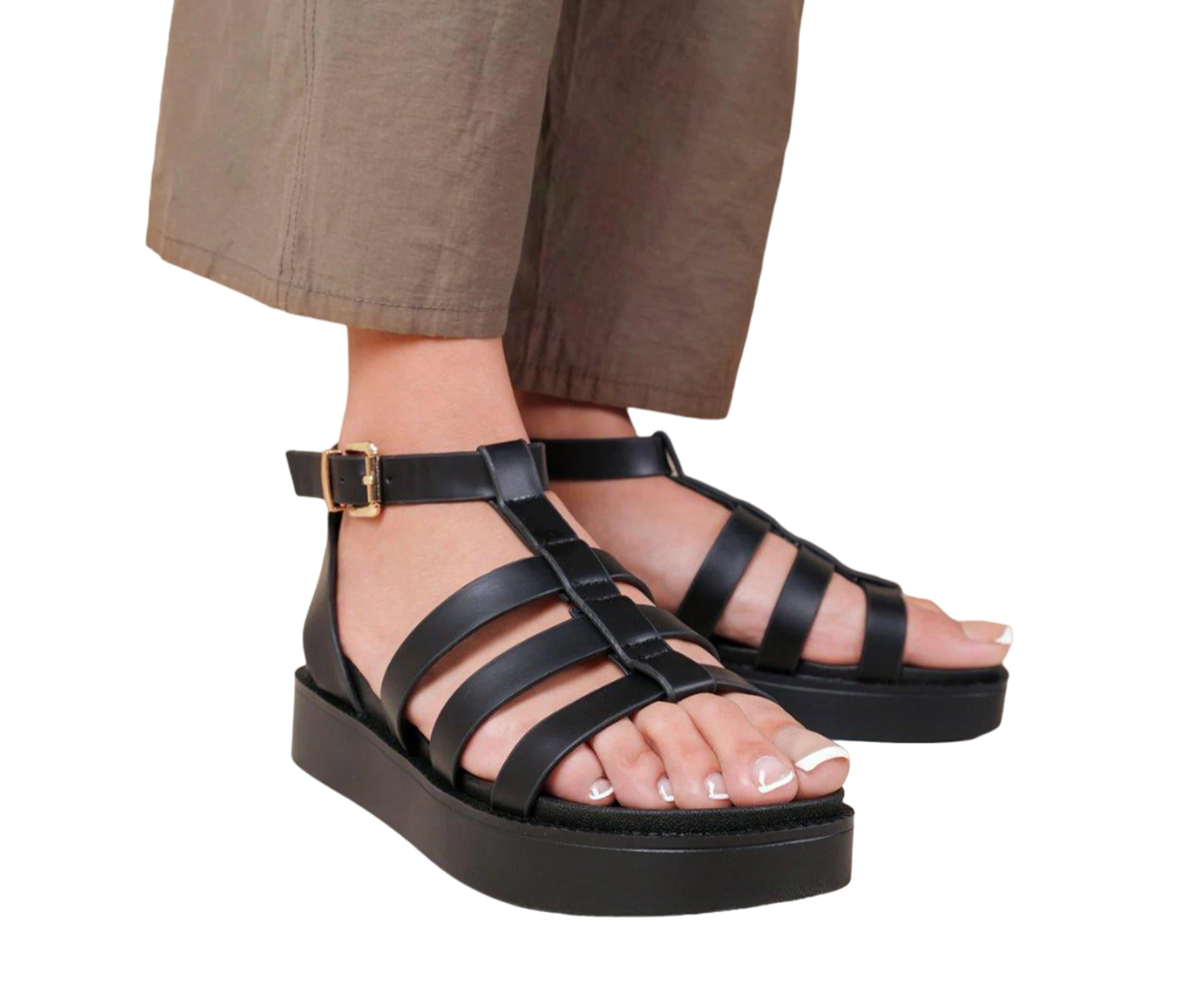 Where's That From Womens Dubai PU Wide Mid Platform Gladiator Sandals (Black) - WM520