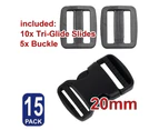 Buckle Quick Release Tri-Glide Slider Plastic Military Grade Dual Side Adjustable Loop Triglide Strap Martingale Dog Slides Bracelets 20mm Black 15x