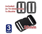 Buckle Quick Release Tri-Glide Slider Plastic Military Grade Dual Side Adjustable Loop Triglide Strap Martingale Dog Slides Bracelets 25mm Black 3x