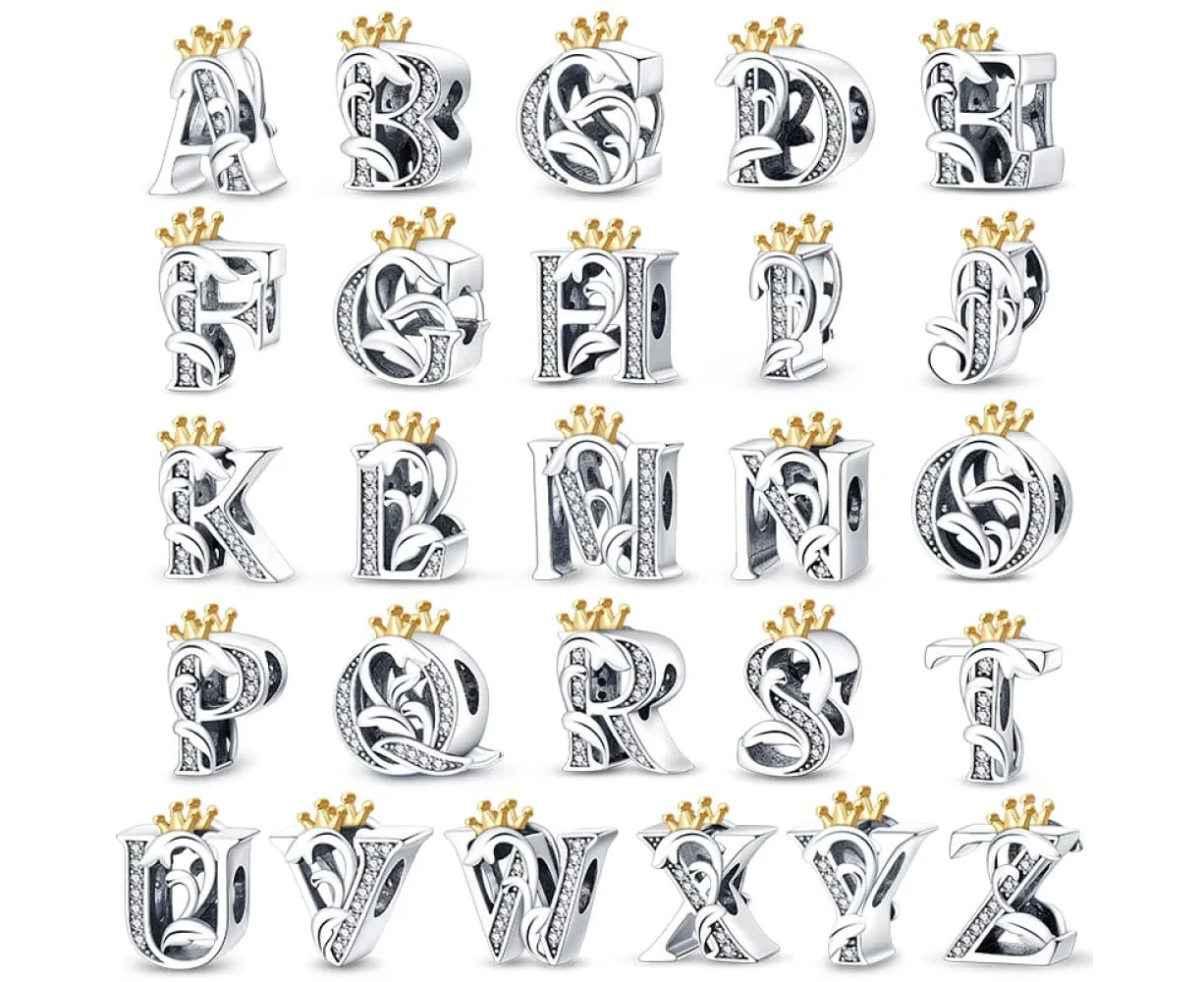 Womens 925 Sterling Silver Charms Fit Pandora Bracelets Classic Crown 26 Letters Alphabet Charms Beads Fine Diy Jewellery