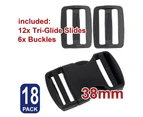 Buckle Quick Release Tri-Glide Slider Plastic Military Grade Dual Side Adjustable Loop Triglide Strap Martingale Dog Slides Bracelets 38mm Black 18x