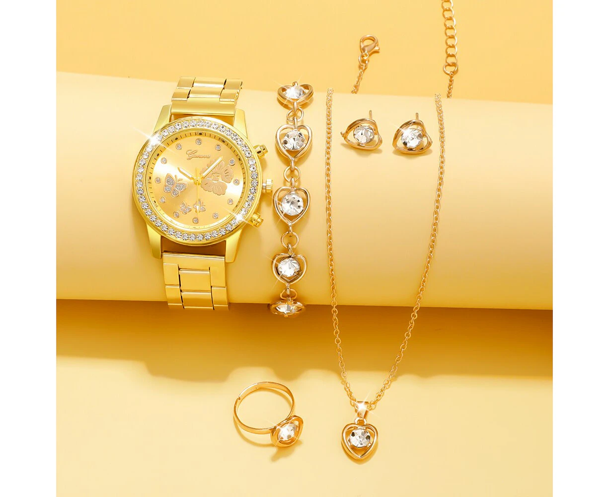 6pcs Set Gold Luxury Watch Women Ring Necklace Earring Rhinestone Fashion Wristwatch Casual Ladies Bracelet Watches