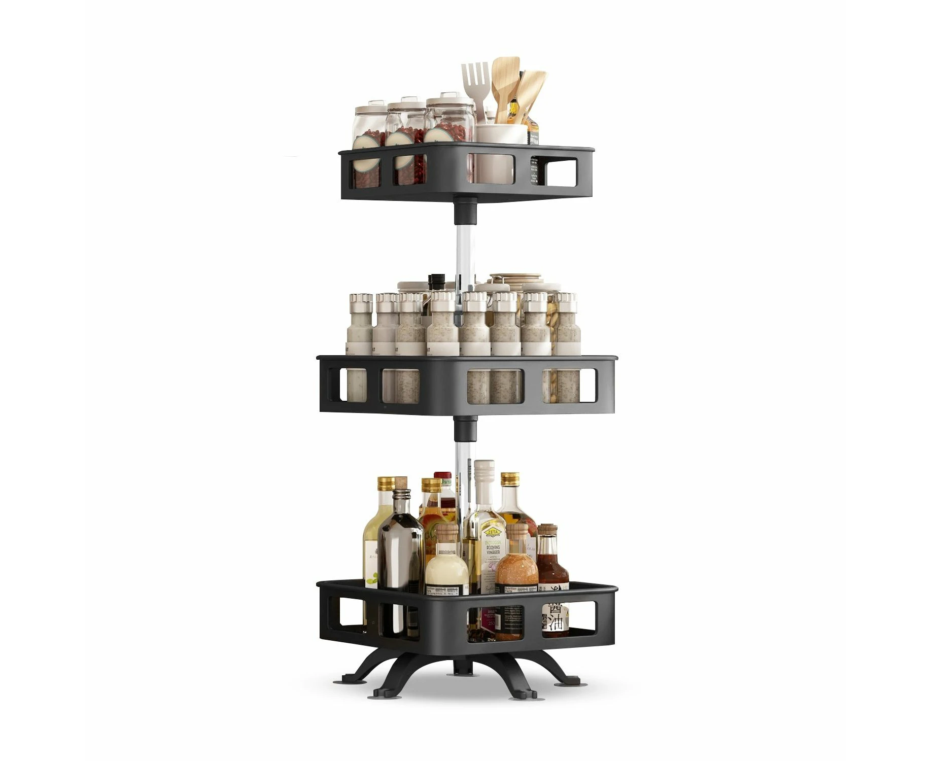 GOMINIMO 3 Tier 360 Degree Rotating Spice Rack Organizer Large Capacity - Black