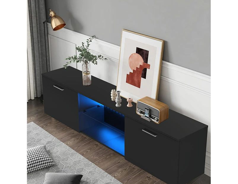 Advwin LED TV Cabinet 160cm Entertainment Unit Wooden Modern Cabine Black with Glass Shelf