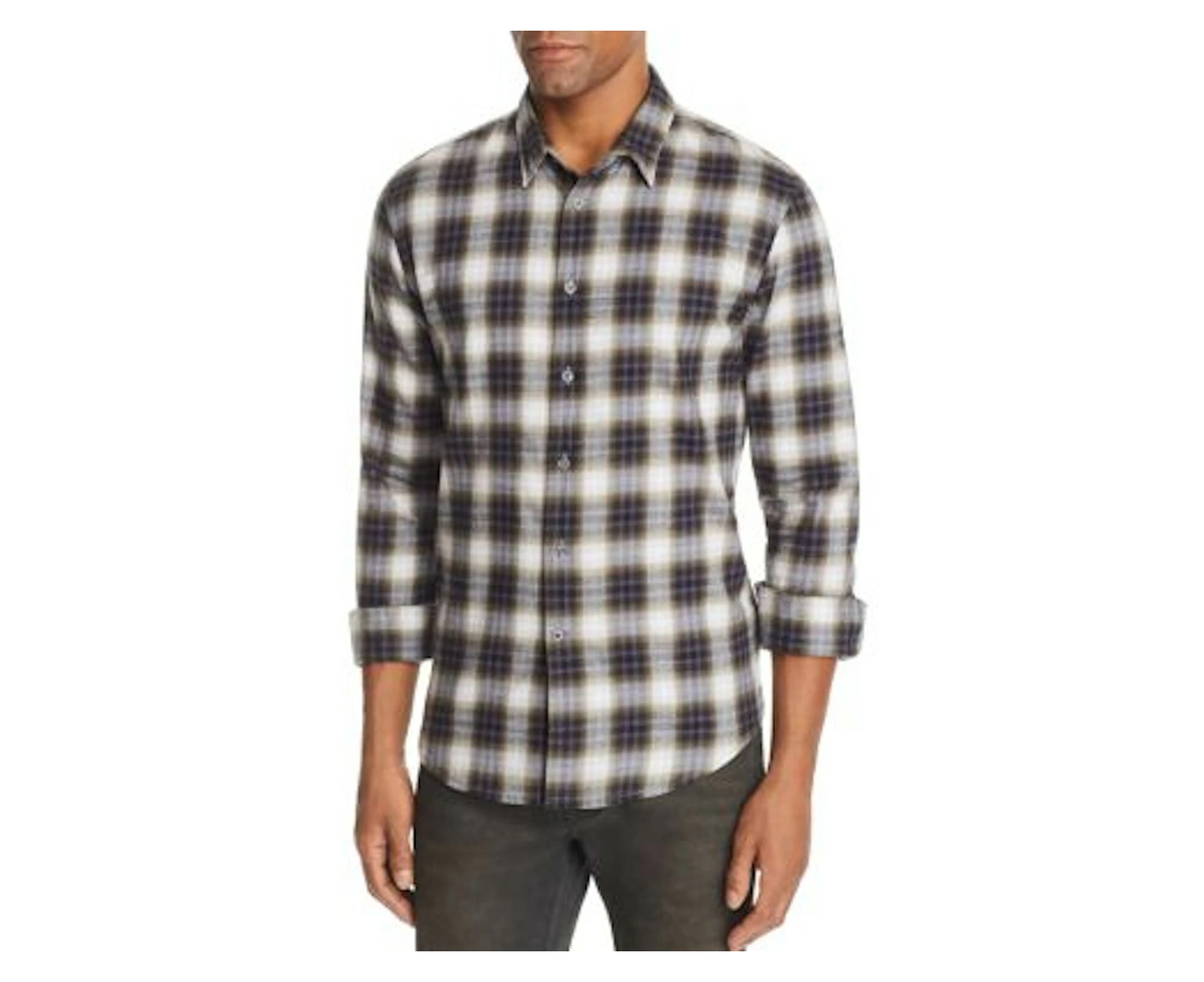 John Varvatos Mens Green Windowpane Plaid Long Sleeve Collared Classic Fit Button Down Shirt S