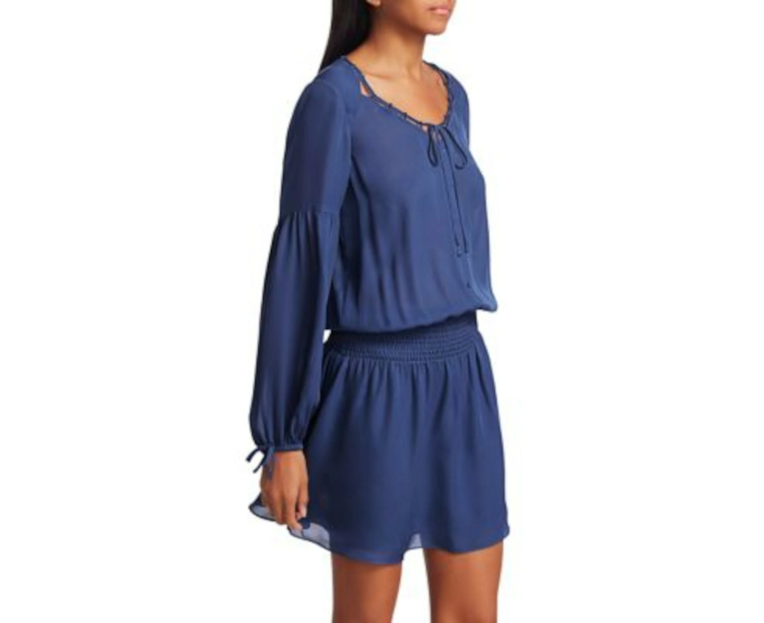 PARKER Womens Blue Tie Smocked Long Sleeve Sweetheart Neckline Mini Blouson Dress S