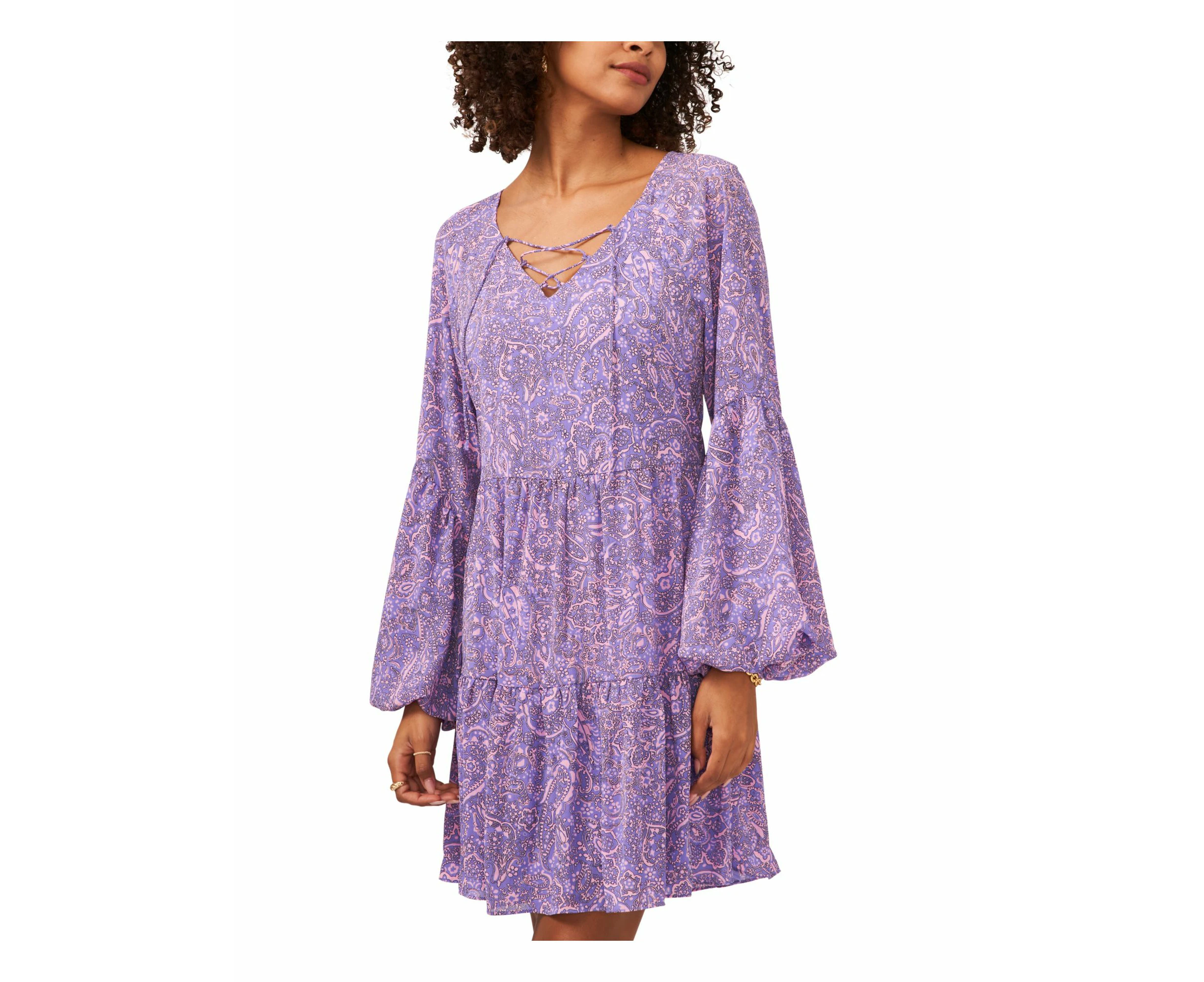 VINCE CAMUTO Womens Purple Lined Pullover Lace-up Tiered Paisley Balloon Sleeve Split Short Fit + Flare Dress XS