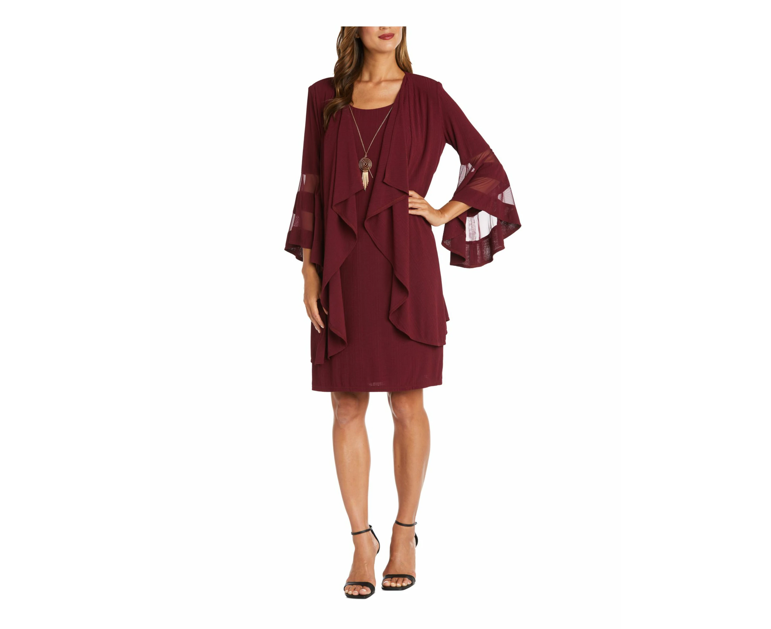 R&M RICHARDS Womens Burgundy Lined 3/4 Bell Sleeves Open Front Sleeveless Scoop Neck Knee Length Wear To Work Shift Dress 12