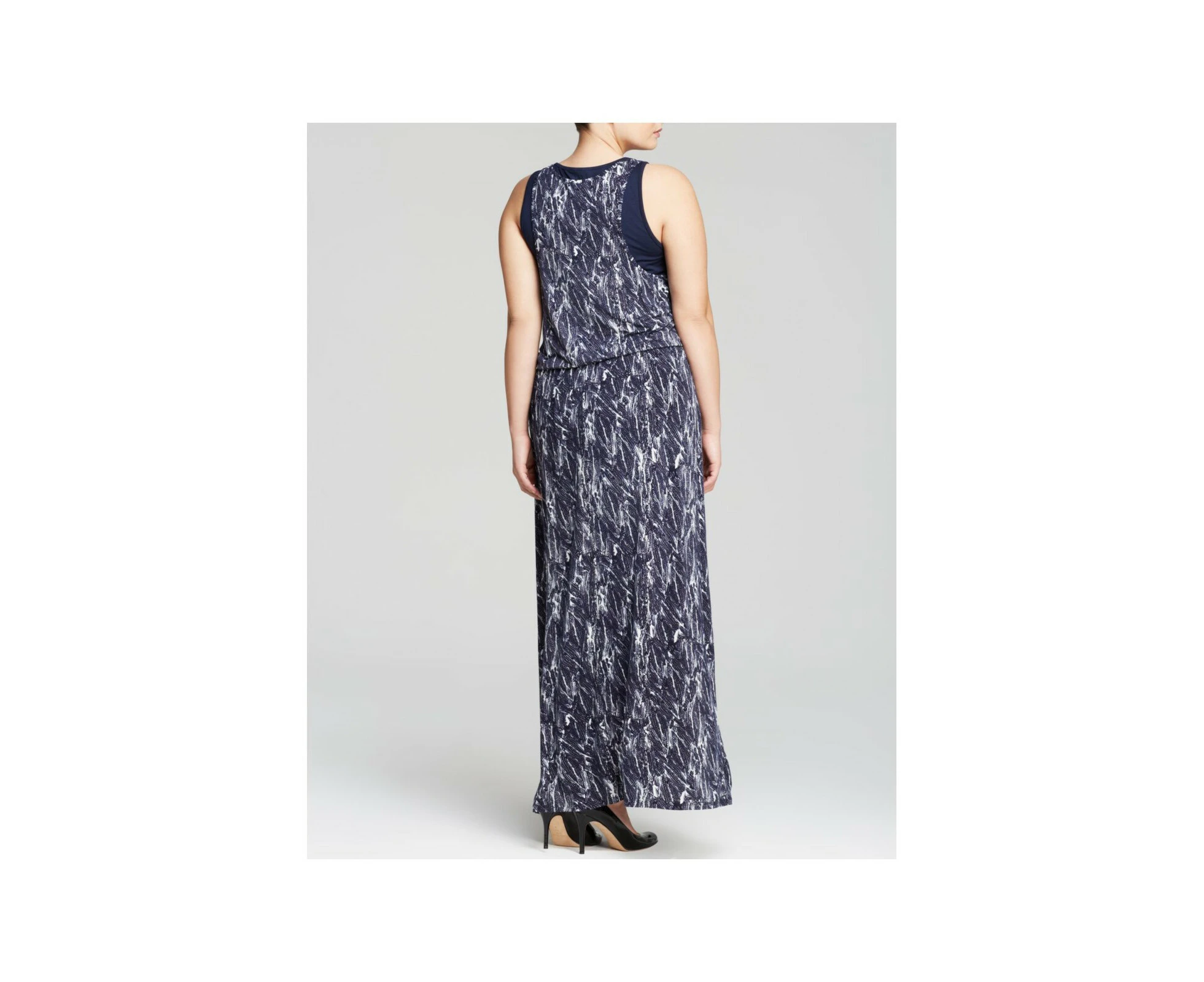 THREE DOTS Womens Navy Stretch Tie Lined Drawstring Printed Sleeveless Scoop Neck Maxi Dress Plus 1X