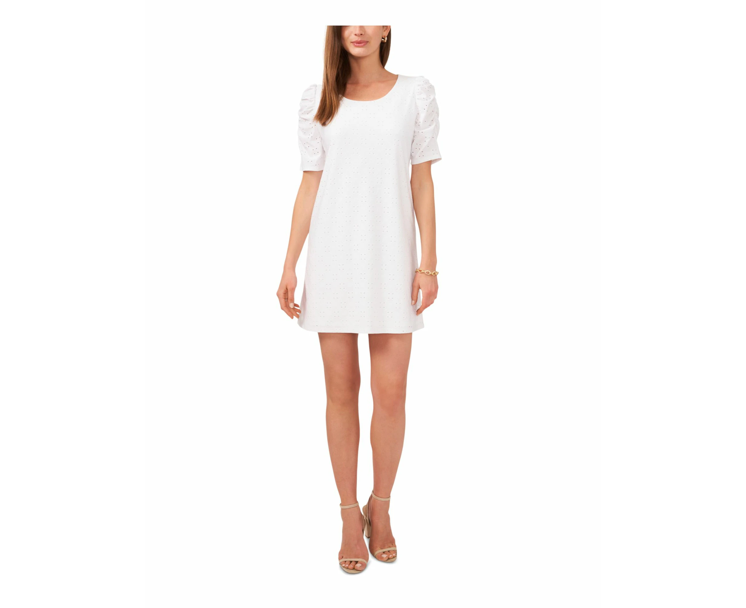 MSK PETITES Womens White Cut Out Lined Short Sleeve Round Neck Above The Knee Shift Dress Petites PL