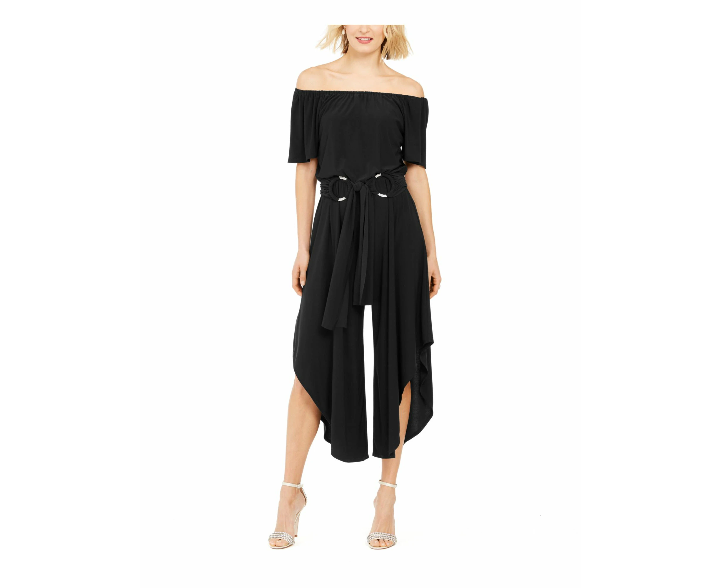 MSK Womens Belted Elbow Sleeve Off Shoulder Evening Cropped Jumpsuit