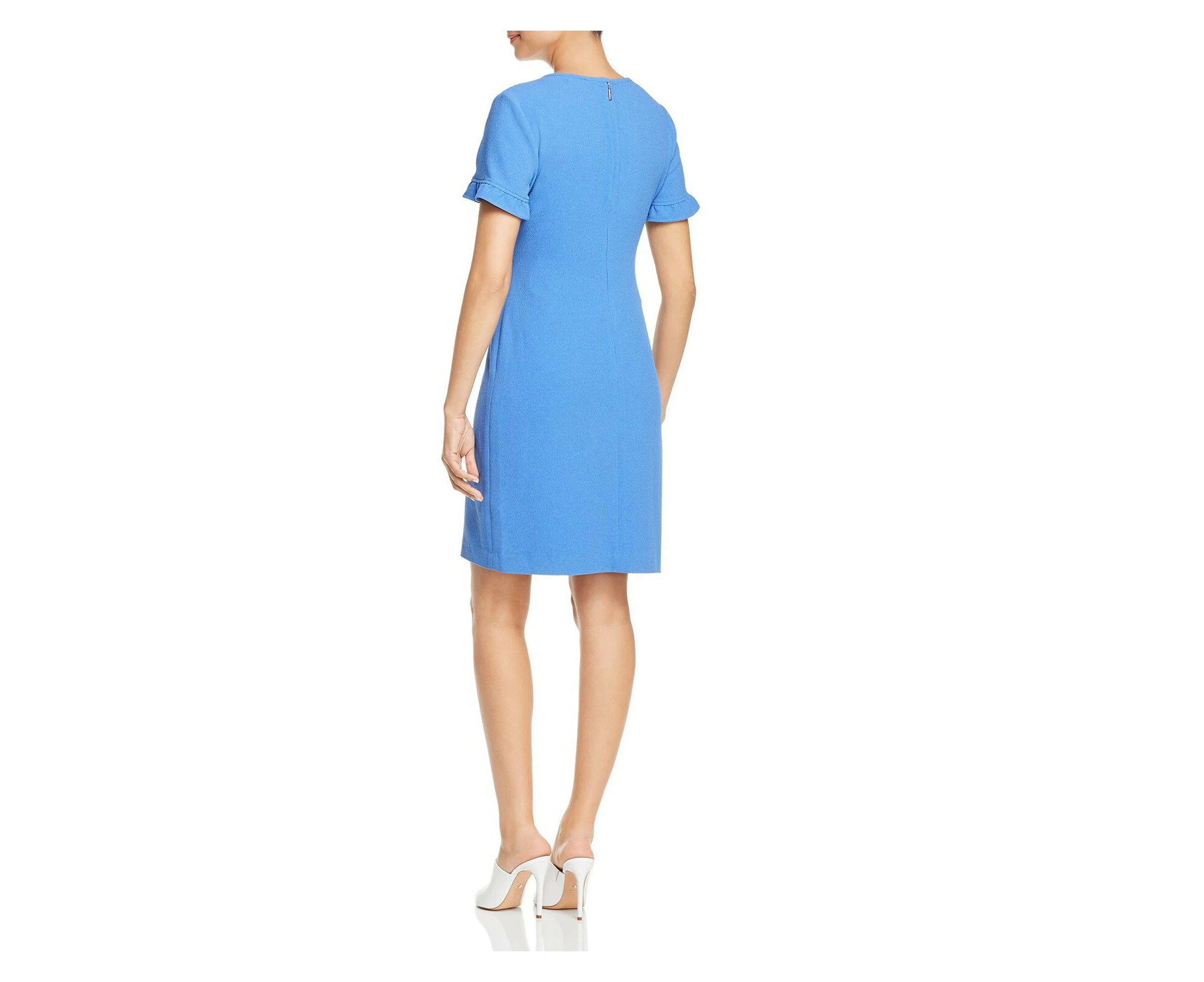 KARL LAGERFELD Womens Blue Ruffled Zippered Lace Shoulder Short Sleeve V Neck Above The Knee Wear To Work Shift Dress 6