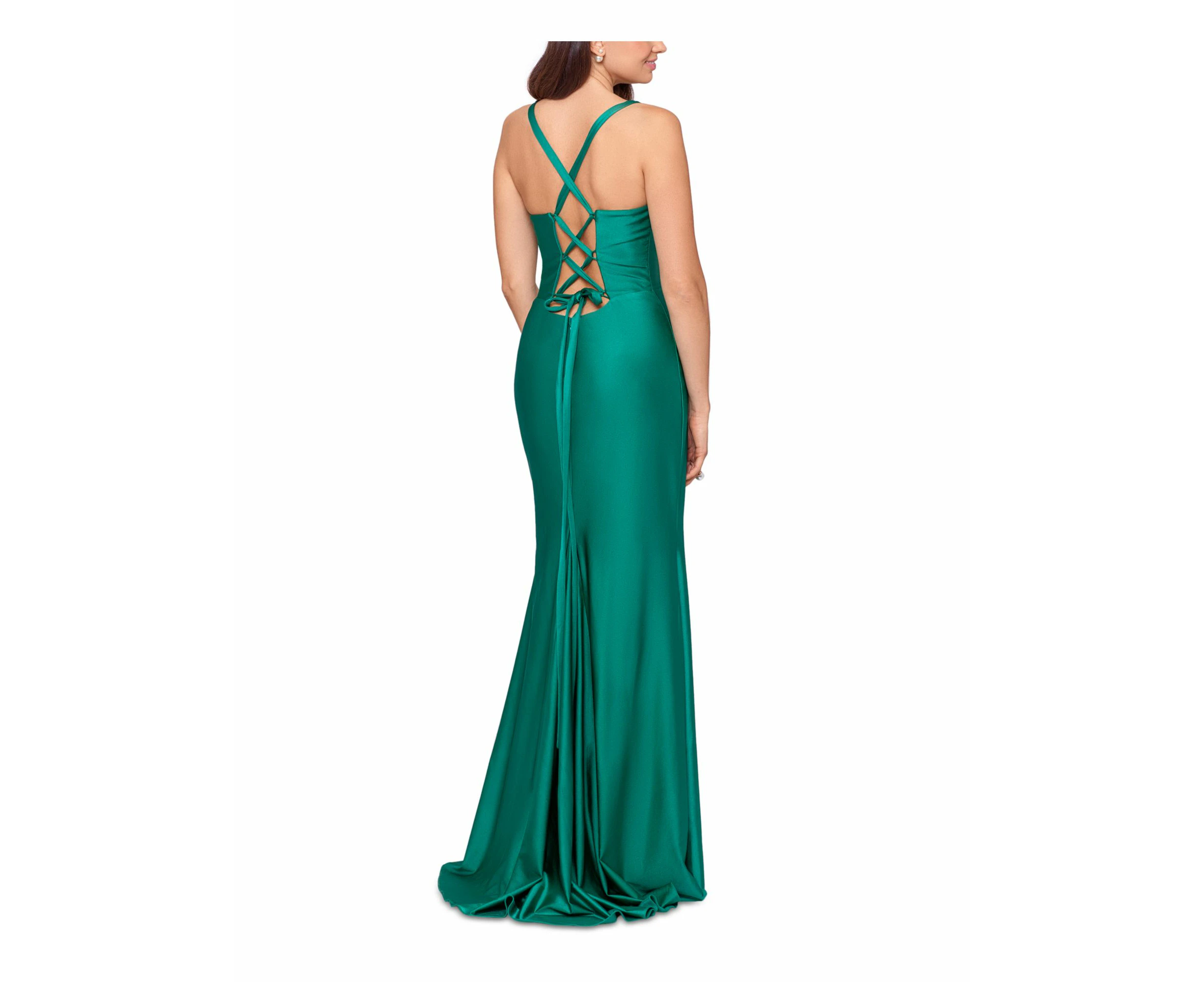 XSCAPE Womens Green Zippered Lined Lace-up Back Sleeveless Scoop Neck Full-Length Formal Gown Dress 2