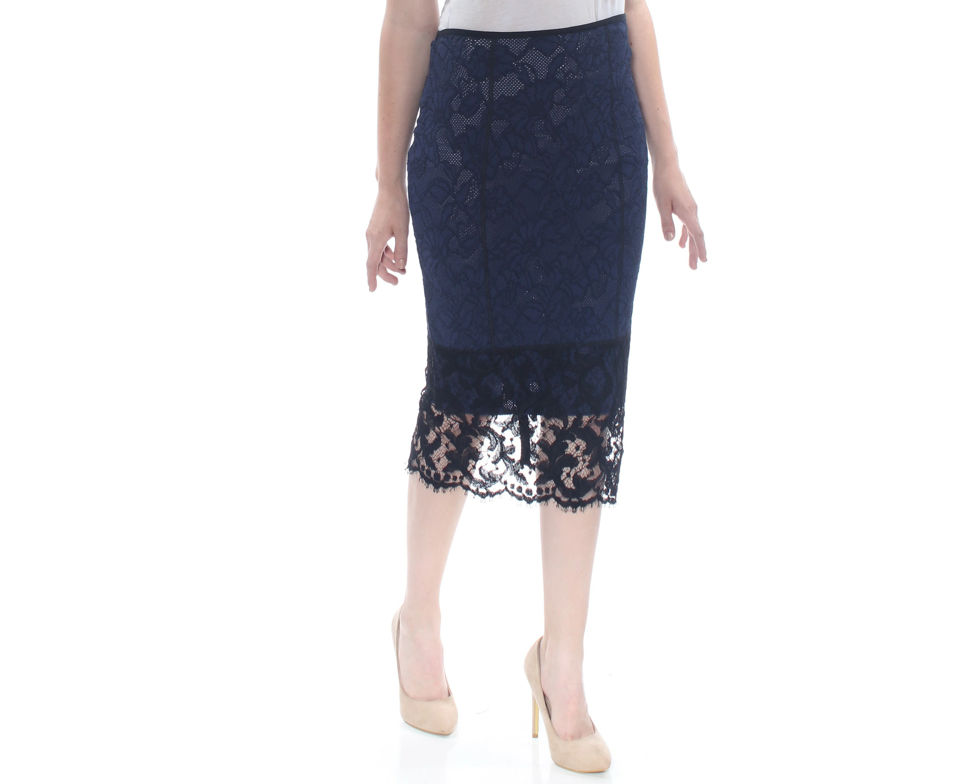 OSCAR DE LA RENTA Womens Blue Lace Floral Midi Formal Skirt M