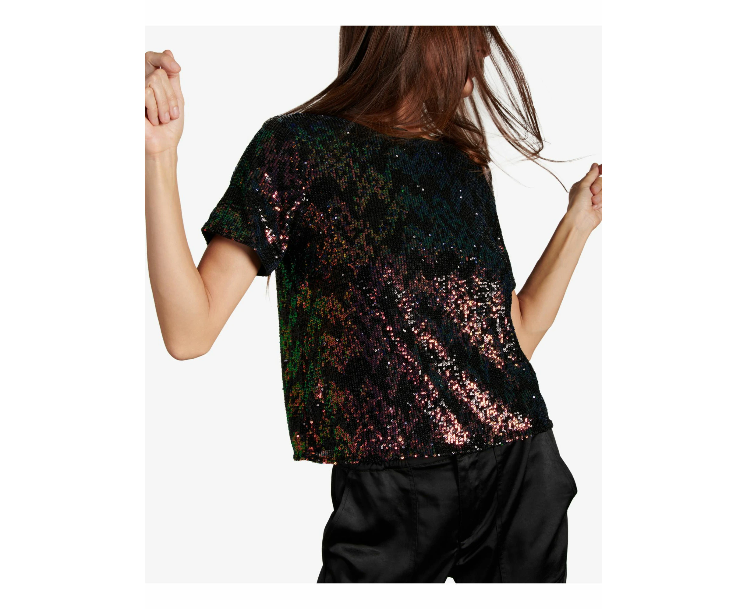 SANCTUARY Womens Black Stretch Sequined Relaxed Fit Printed Scoop Neck Evening Top XXS