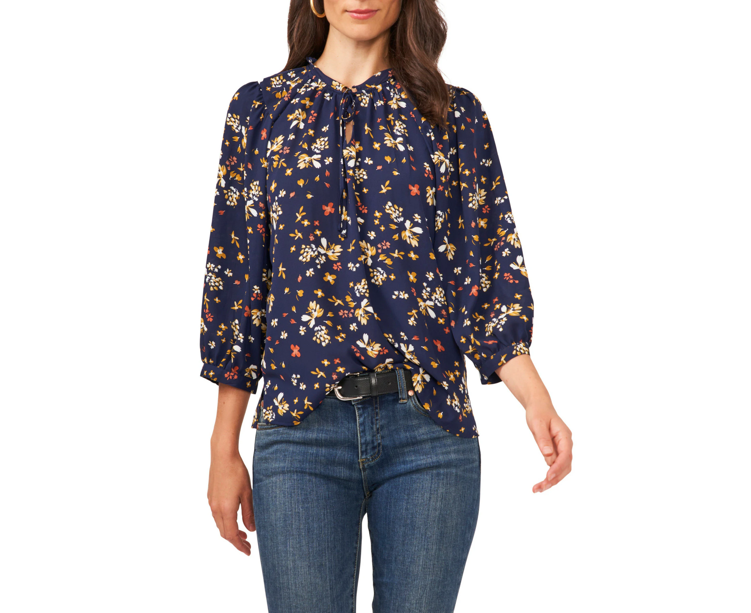 VINCE CAMUTO Womens Navy Tie Button Cuffs Floral 3/4 Sleeve Split Blouse XS