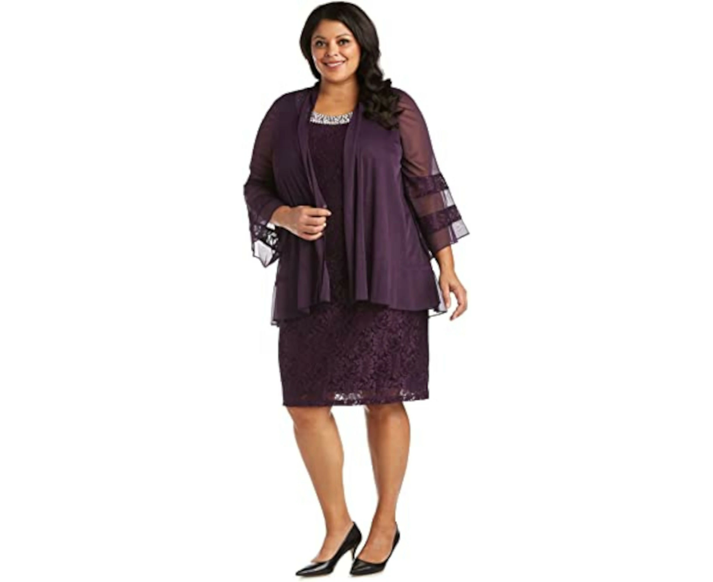 R&M RICHARDS Womens Purple Sheer Glitter Lace Ruffled Unlined Open Front Wear To Work Cardigan 8