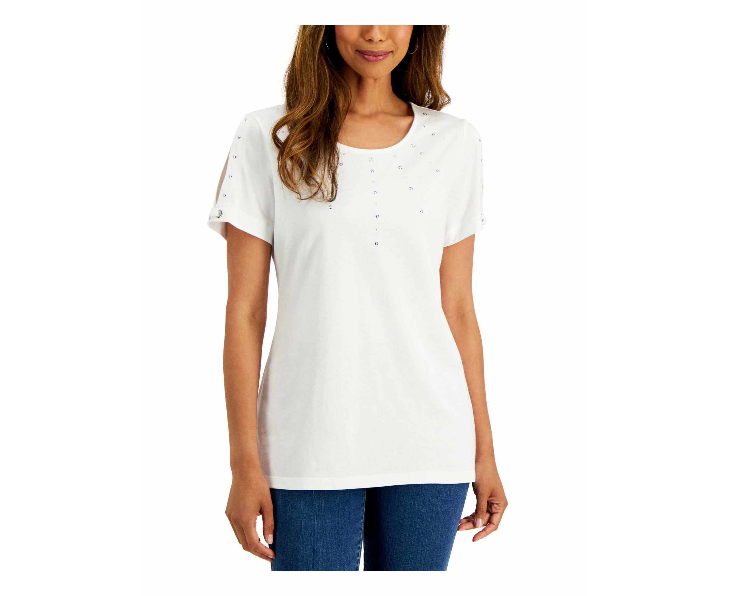 KAREN SCOTT Womens White Scoop Neck Top Petites PP