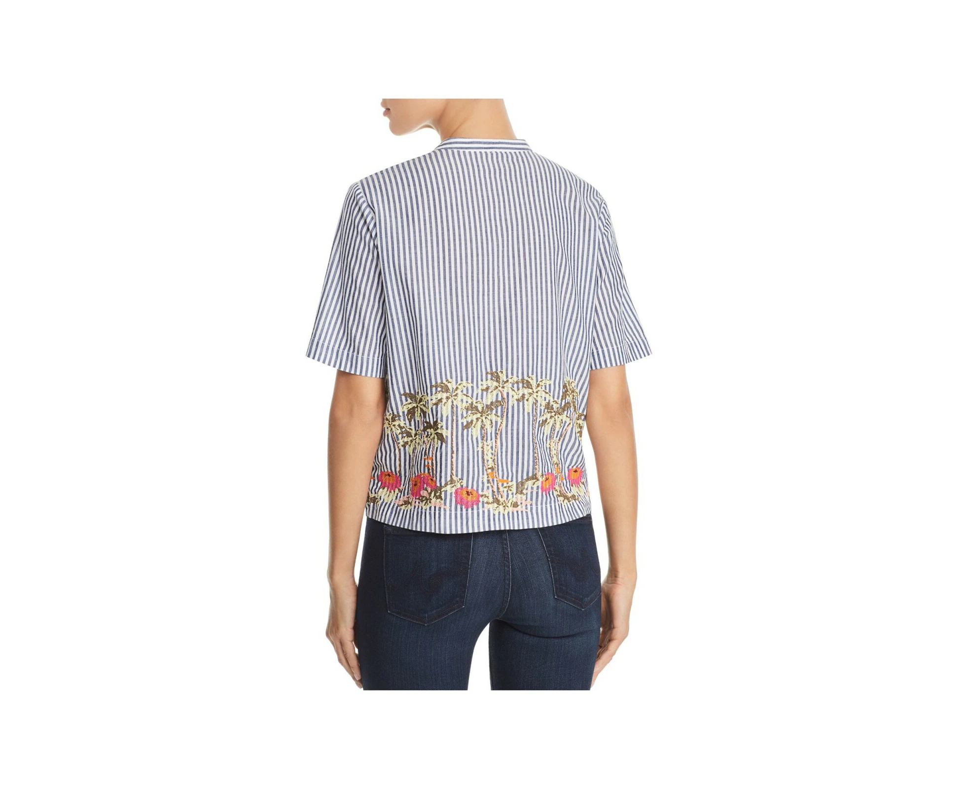 SCOTCH & SODA Womens Embroidered Side Vents Button Short Sleeve Crew Neck Top