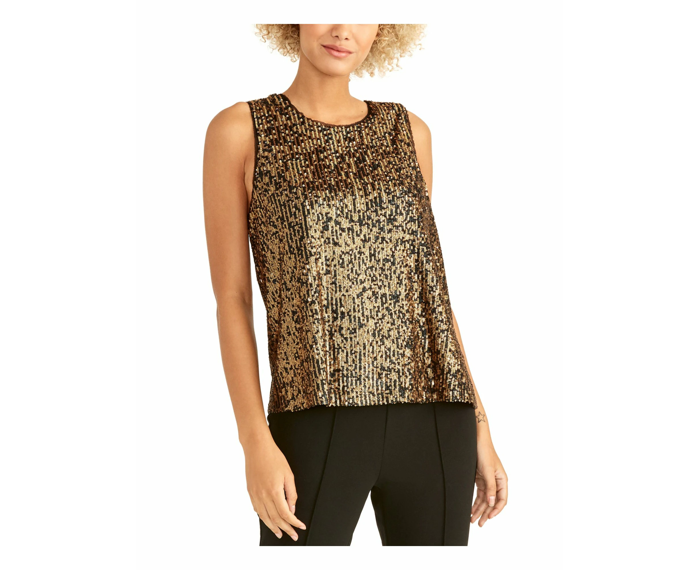 RACHEL ROY Womens Sequined Sleeveless Jewel Neck Party Top