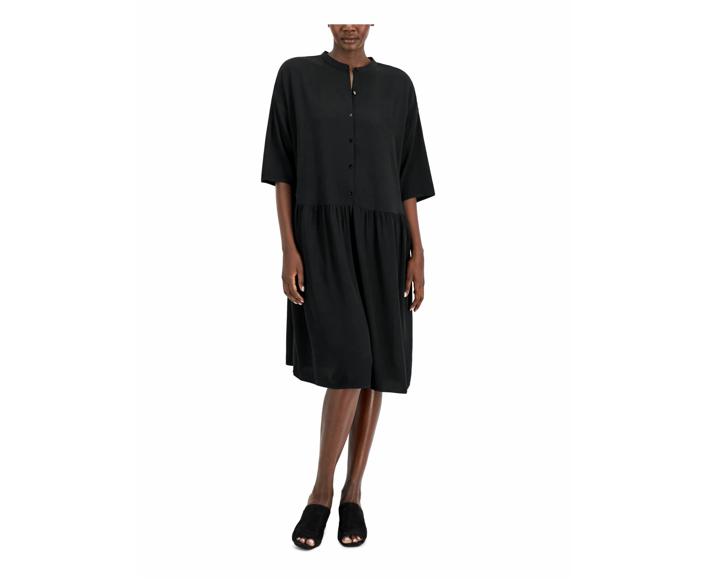 EILEEN FISHER Womens Black Unlined Gathered Button Front Elbow Sleeve Mandarin Collar Below The Knee Shift Dress Plus 1X