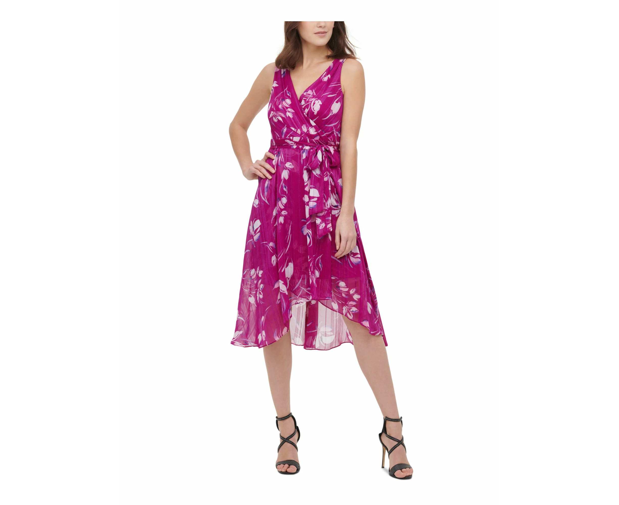 DKNY Womens Purple Metallic Belted Hi-lo Hem Floral Sleeveless Surplice Neckline Below The Knee Party Faux Wrap Dress 6