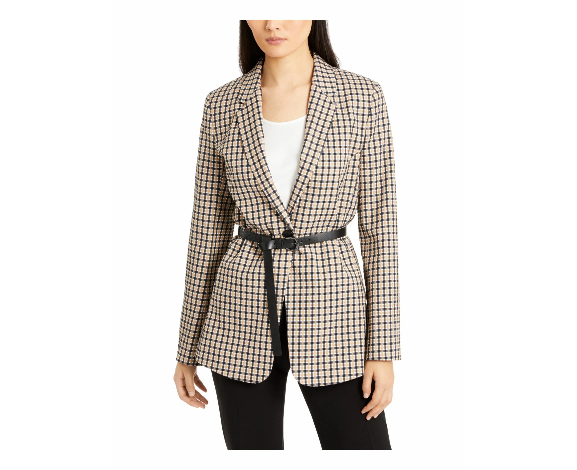 ELIE TAHARI Womens Beige Belted Check Blazer Jacket Size: 10