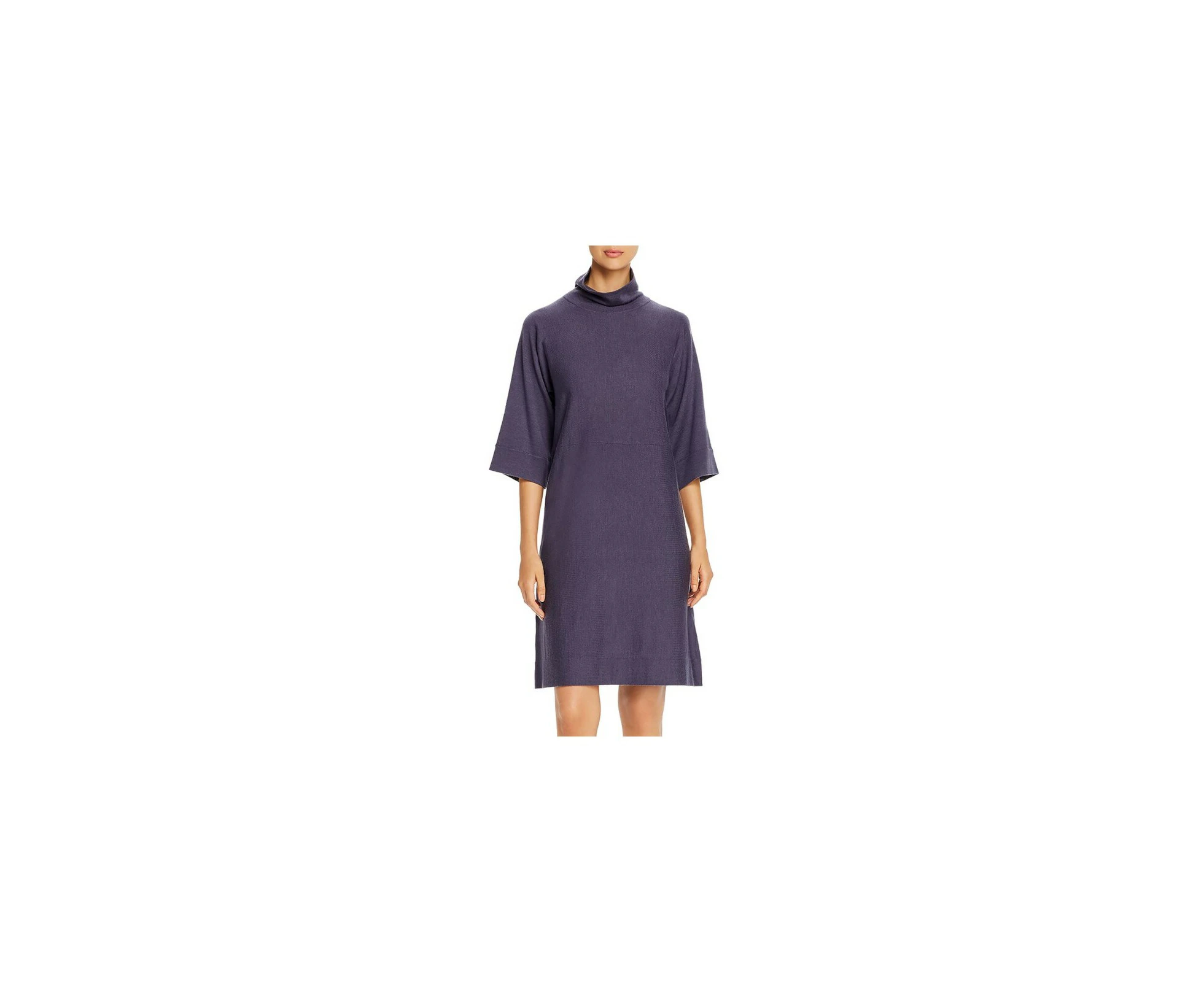 EILEEN FISHER Womens Purple Ribbed Pullover Kimono Sleeve Turtle Neck Below The Knee Wear To Work Sweater Dress XL