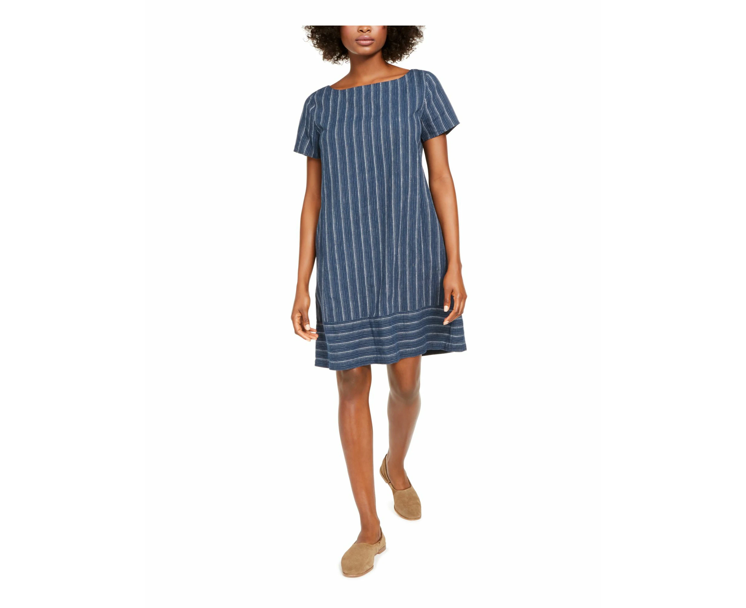 EILEEN FISHER Womens Blue Pinstripe Jewel Neck Above The Knee Fit + Flare Dress XXS