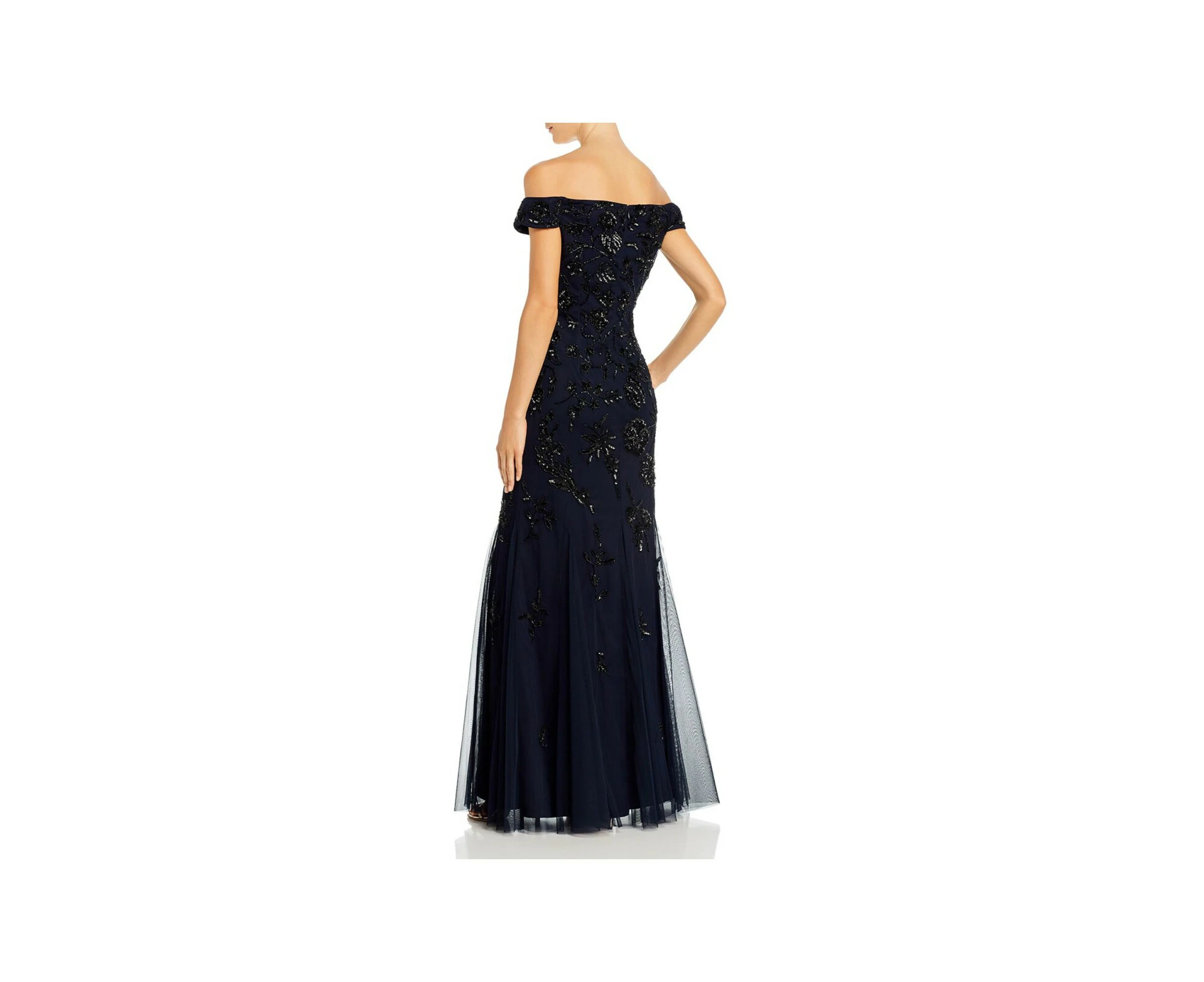 ADRIANNA PAPELL Womens Navy Beaded Zippered Cap Sleeve Off Shoulder Full-Length Evening Fit + Flare Dress 6