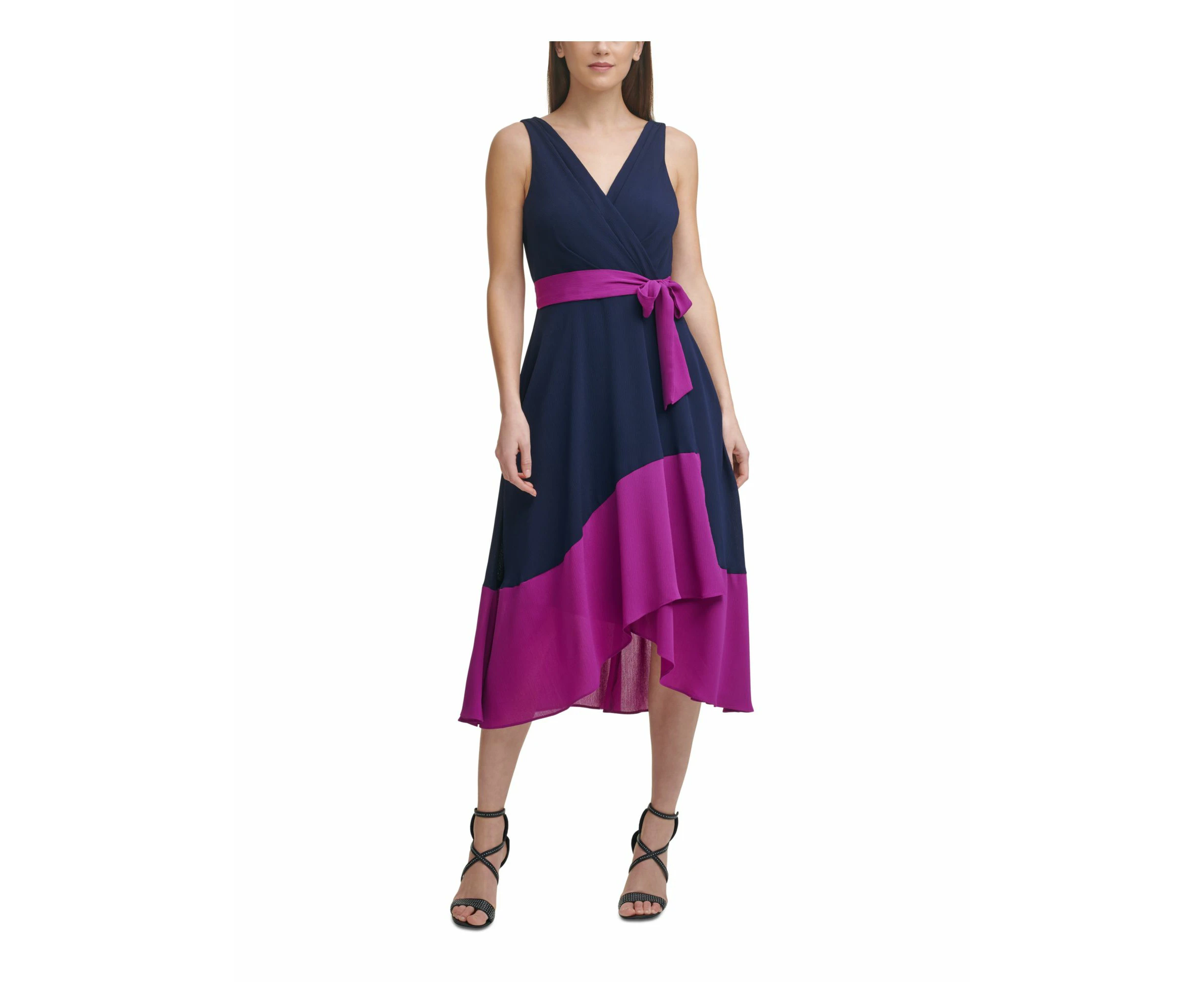 DKNY Womens Purple Zippered Self-tie Belt Color Block Sleeveless Surplice Neckline Midi Wrap Dress 2