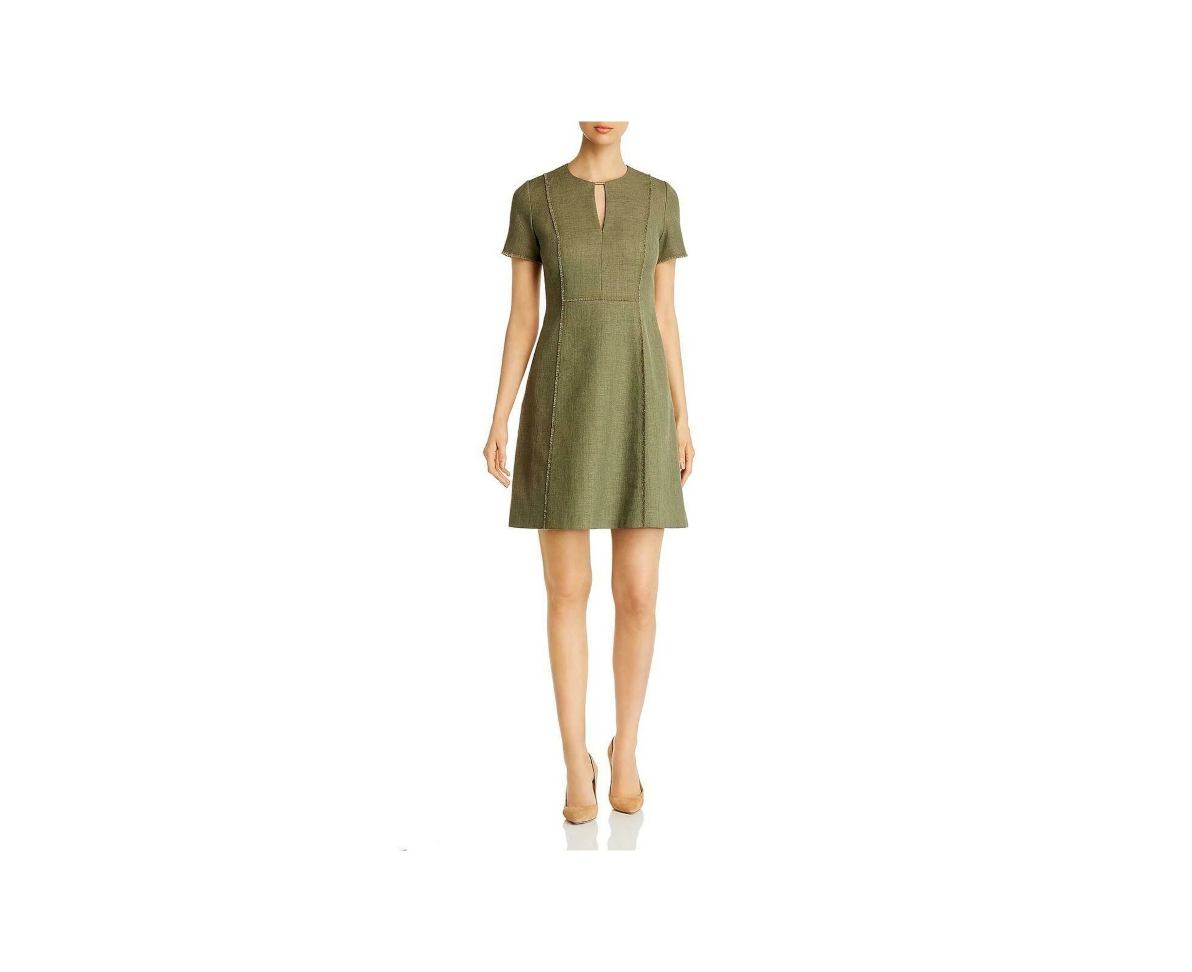 ELIE TAHARI Womens Green Textured Zippered Short Sleeve Keyhole Short Fit + Flare Dress 12