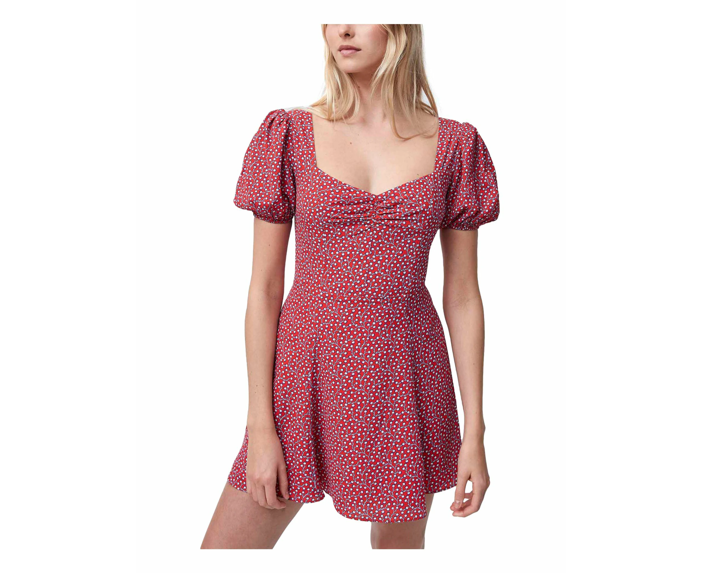 FRENCH CONNECTION Womens Red Zippered Ruched Floral Pouf Sleeve Sweetheart Neckline Mini Party Fit + Flare Dress 0