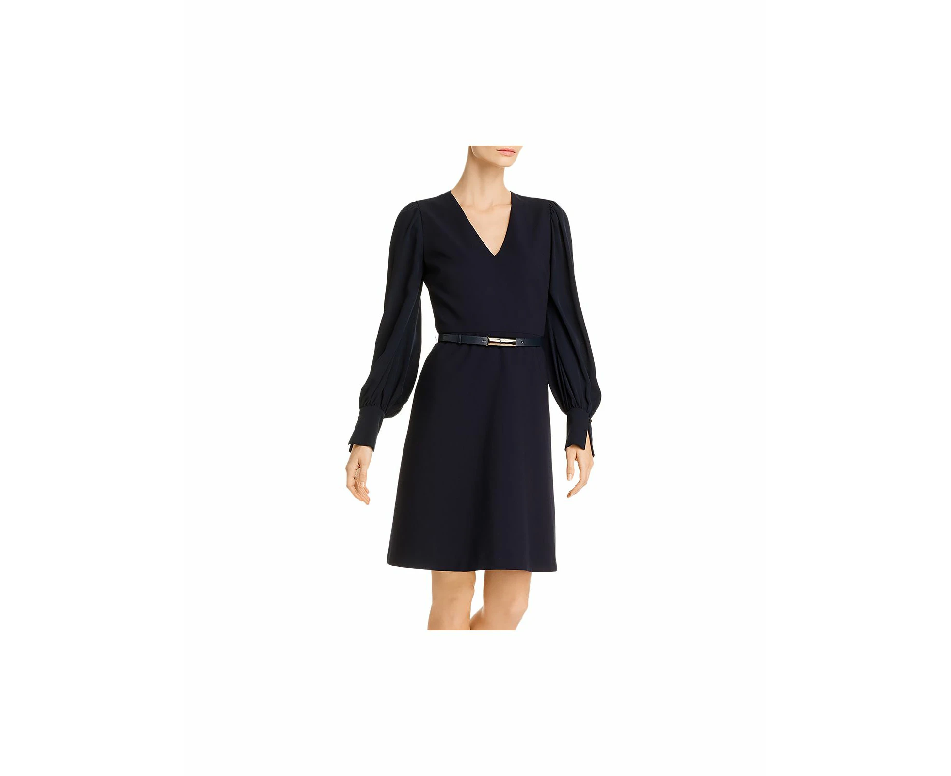 ELIE TAHARI Womens Navy Zippered Pleated Long Sleeve V Neck Below The Knee Wear To Work Sheath Dress 12